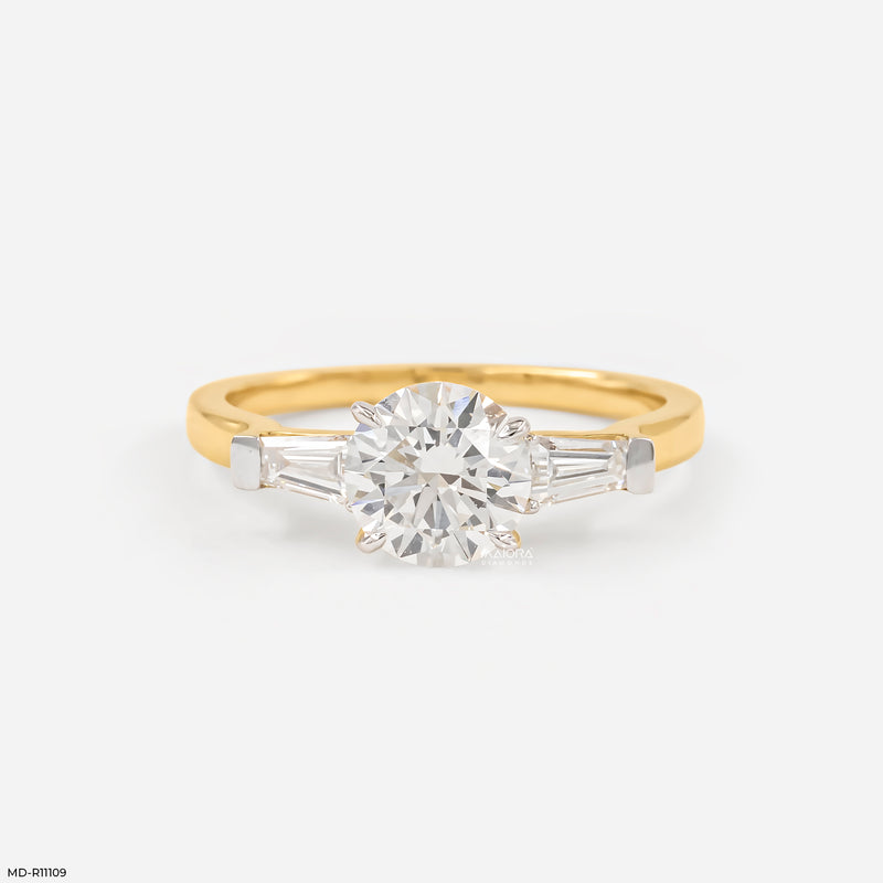 1.35 Carat Classic Trilogy Round and Tapered Baguette Ring 14K Yellow Gold