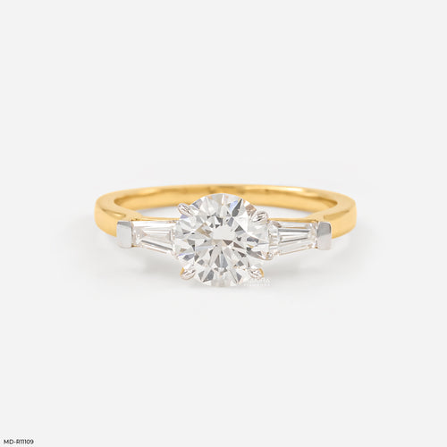 1.35 Carat Classic Trilogy Round and Tapered Baguette Ring 14K Yellow Gold
