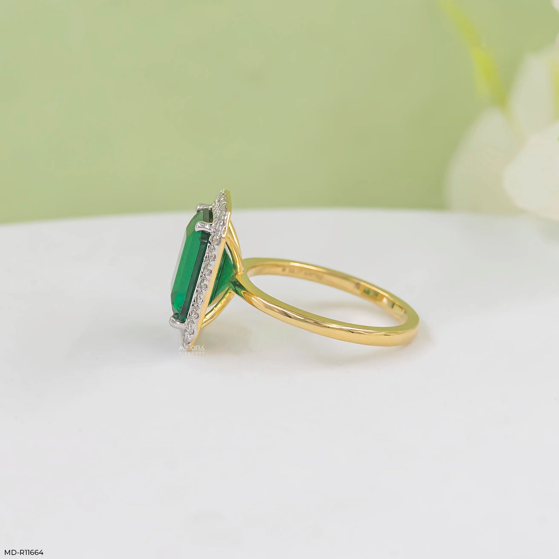 Swiss Emerald Halo Diamond Ring 9K Rose Gold