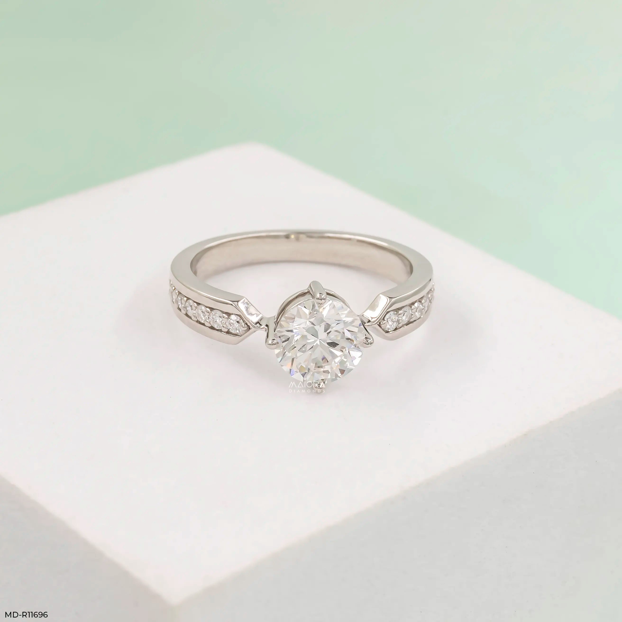 V-Sling Round Solitaire Diamond Ring 9K White Gold