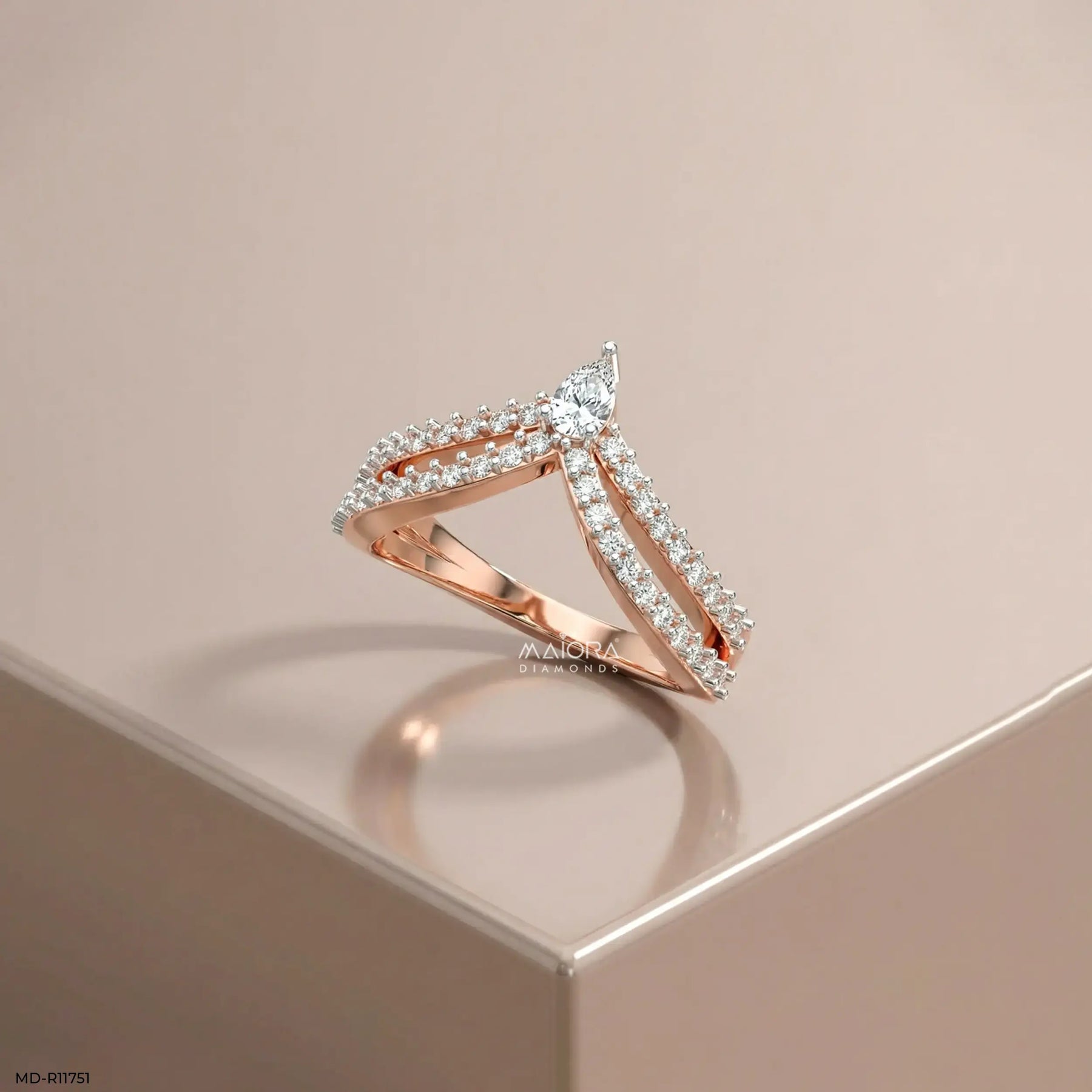Twin Line Pear Diamond Ring 9K Rose Gold