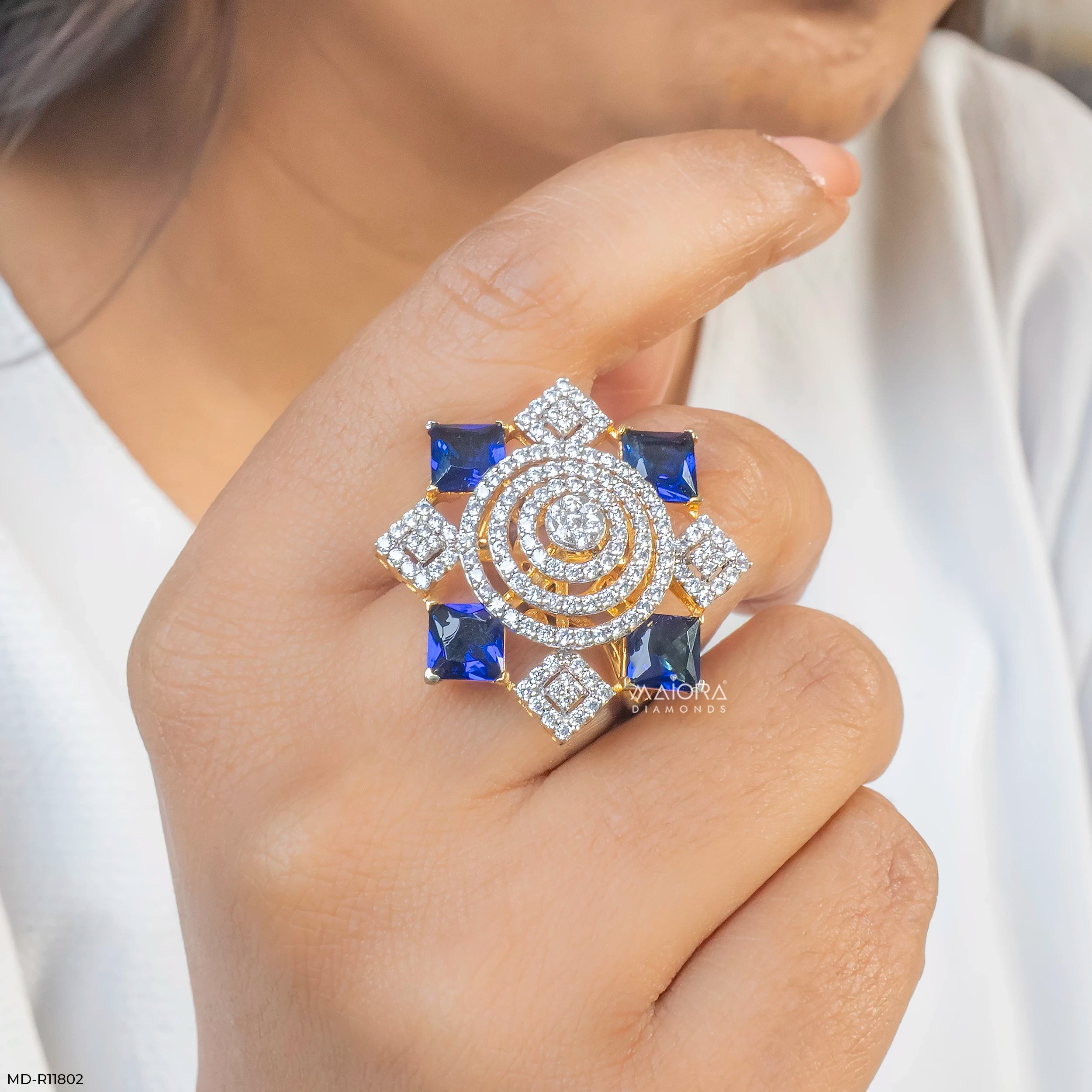 Imperial Blue Sapphire Halo Diamond Cocktail Ring 9K Yellow Gold