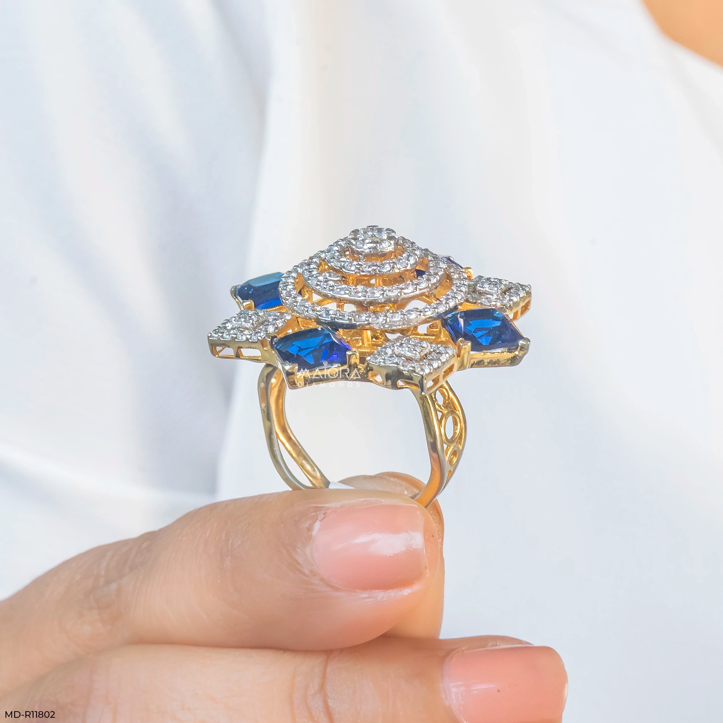 Imperial Blue Sapphire Halo Diamond Cocktail Ring 14K Rose Gold