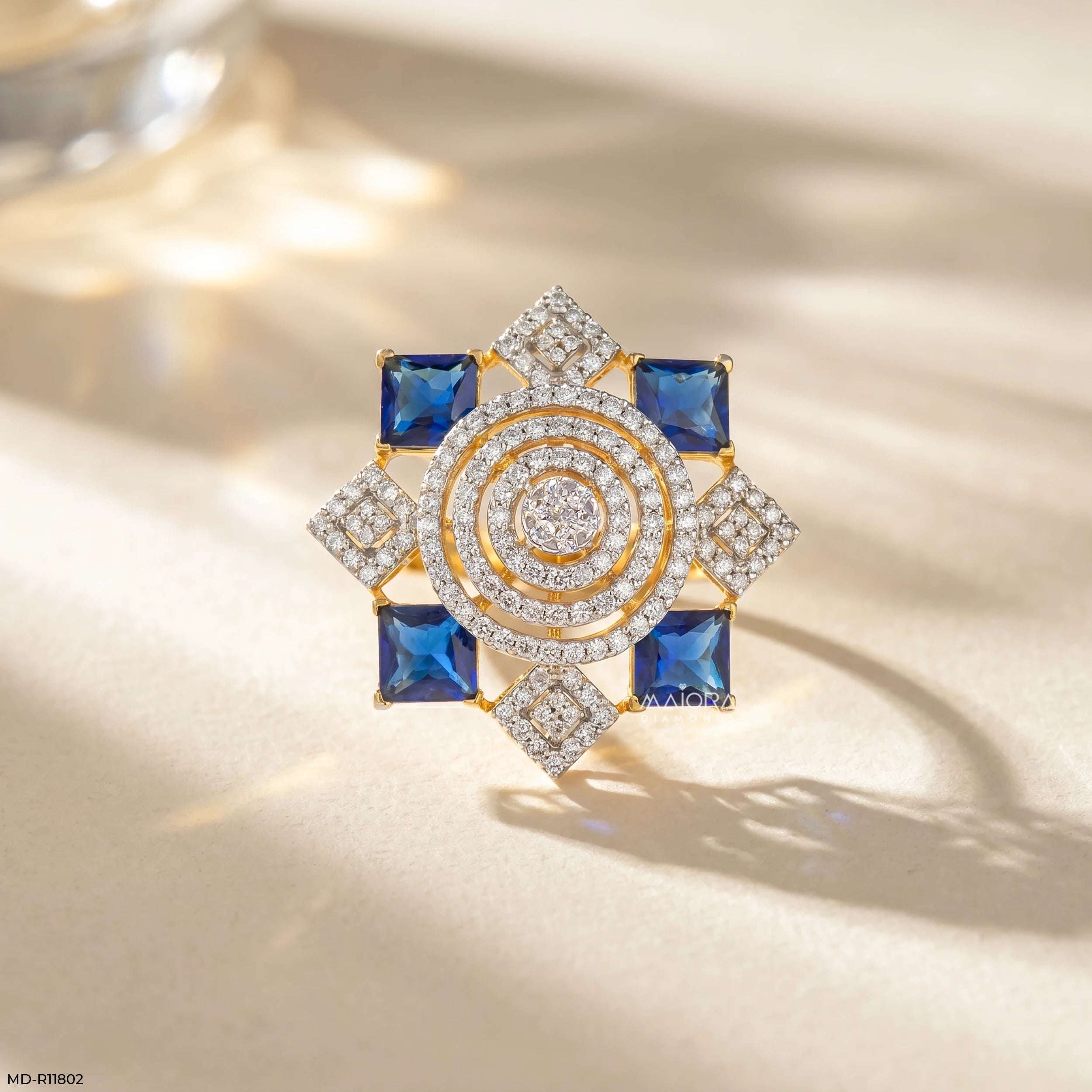Imperial Blue Sapphire Halo Diamond Cocktail Ring 14K Rose Gold