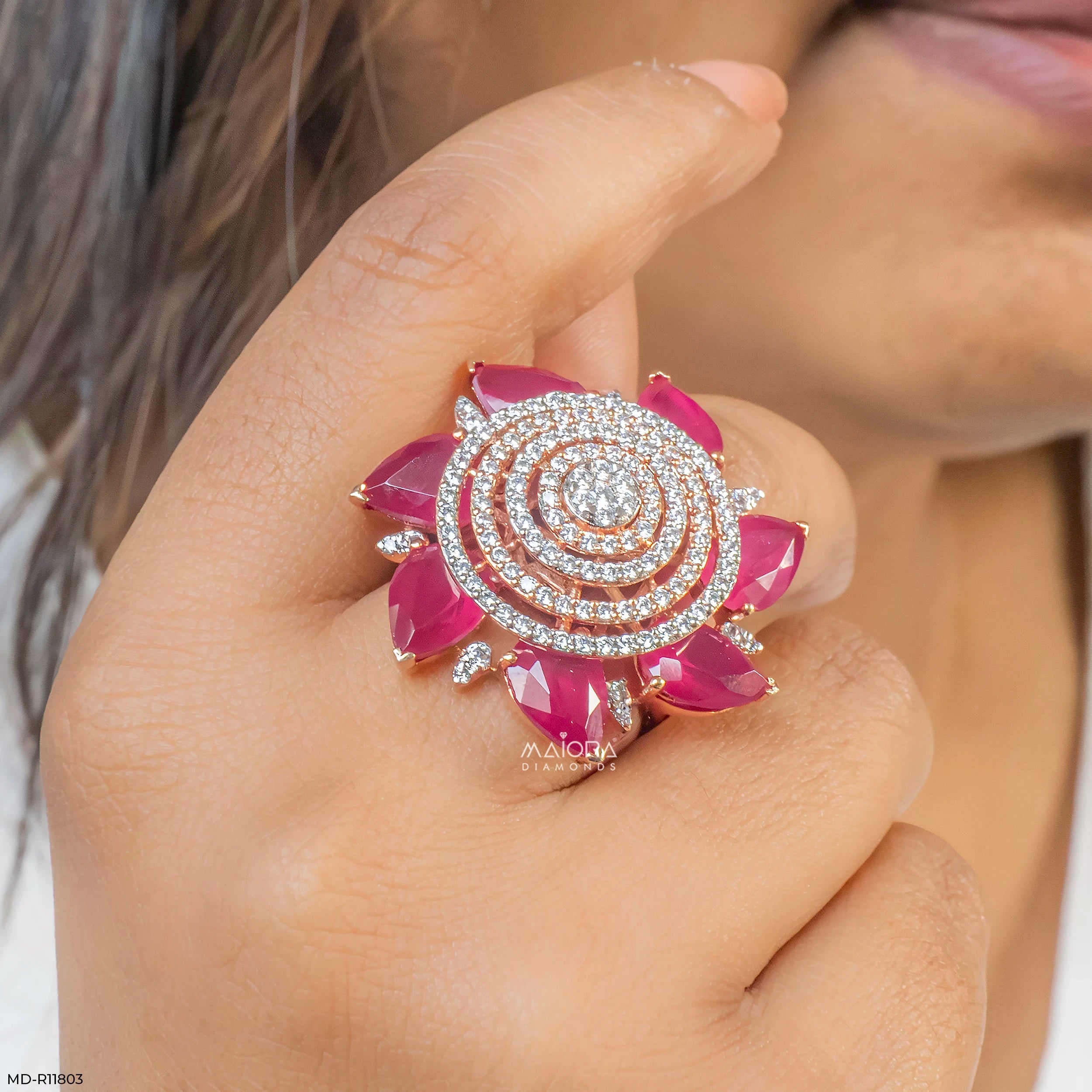 Royal Pear Ruby Lotus Diamond Cocktail Ring 9K Yellow Gold