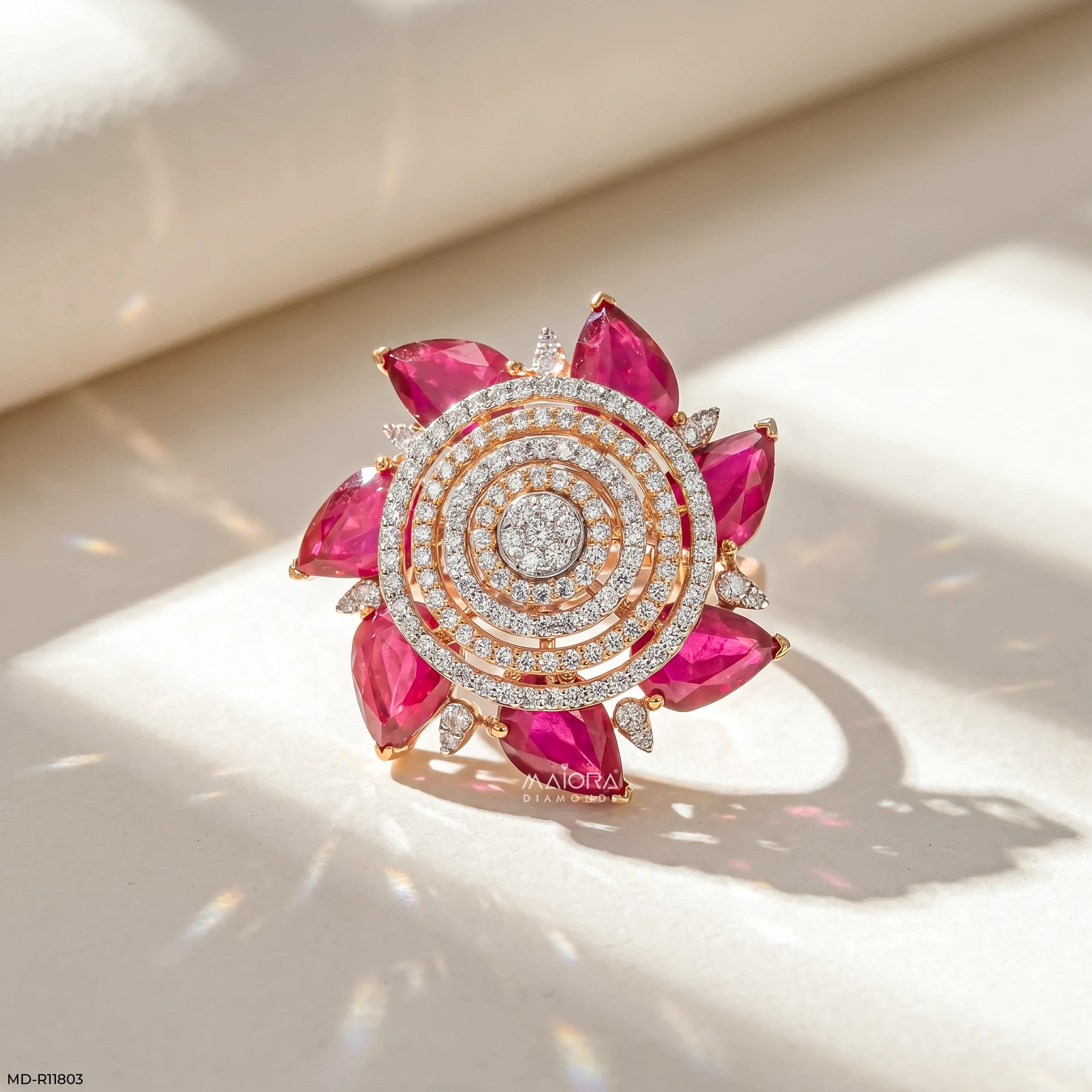 Royal Pear Ruby Lotus Diamond Cocktail Ring 14K Yellow Gold