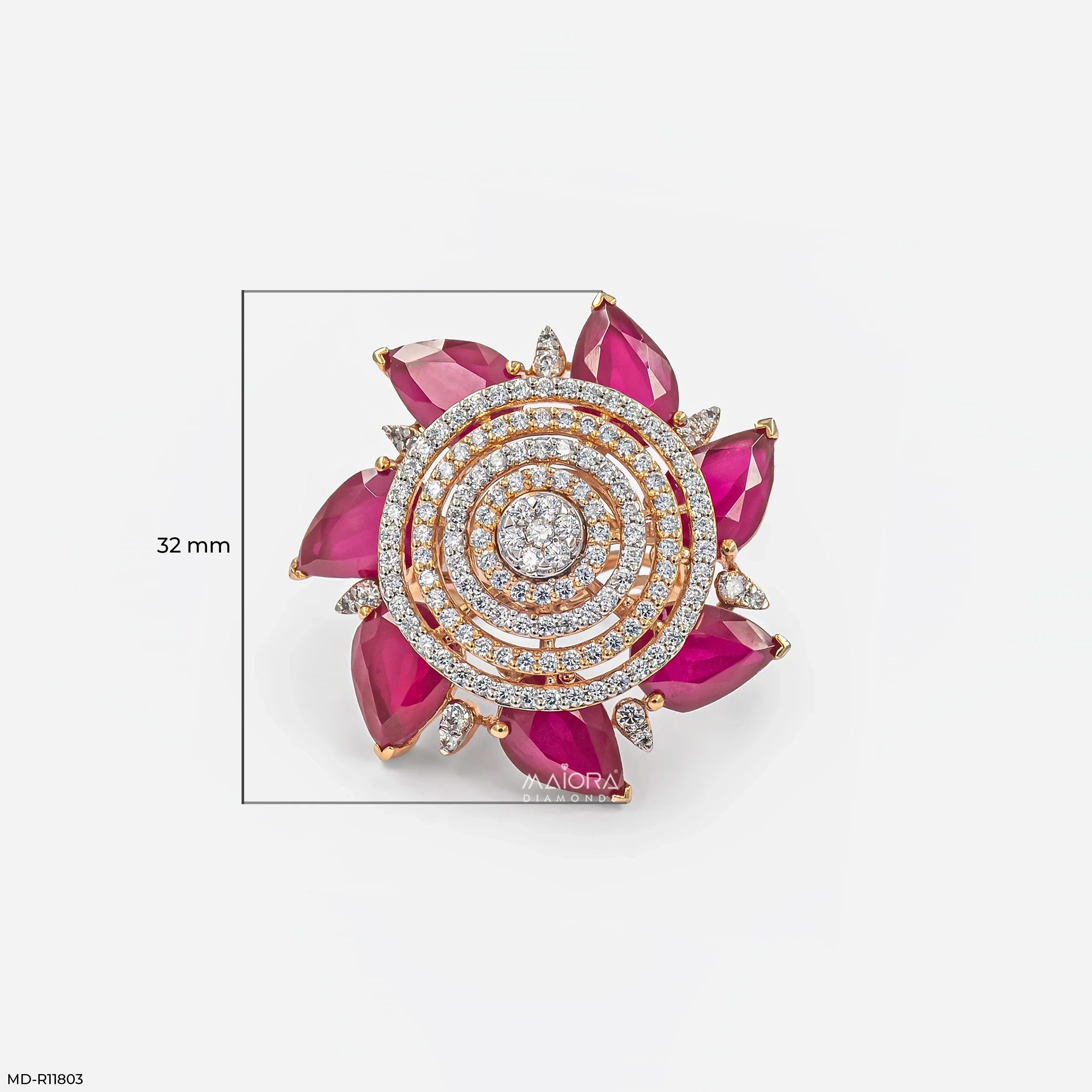 Royal Pear Ruby Lotus Diamond Cocktail Ring 14K Yellow Gold