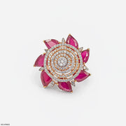 Royal Pear Ruby Lotus Diamond Cocktail Ring 14K Yellow Gold