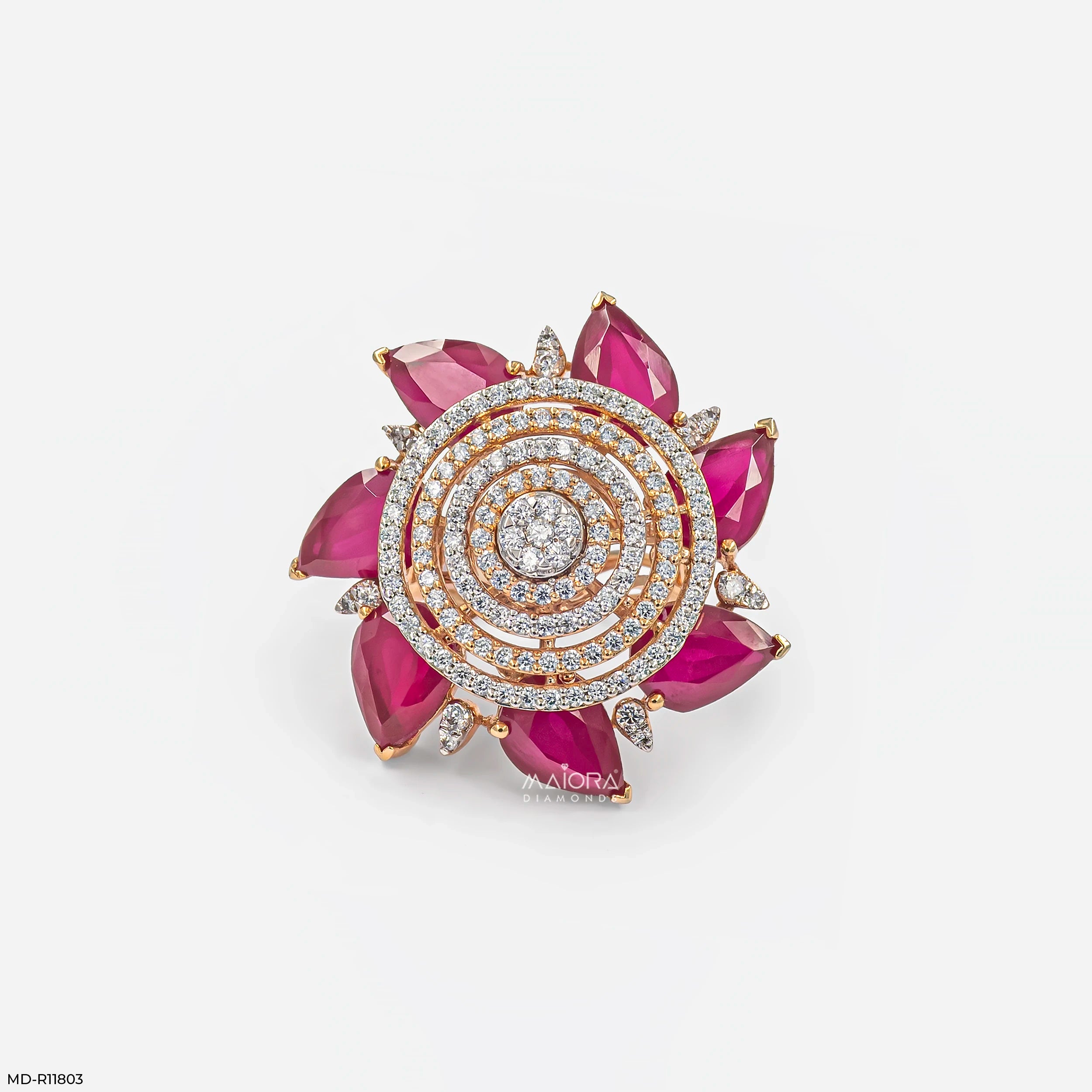 Royal Pear Ruby Lotus Diamond Cocktail Ring 9K Yellow Gold