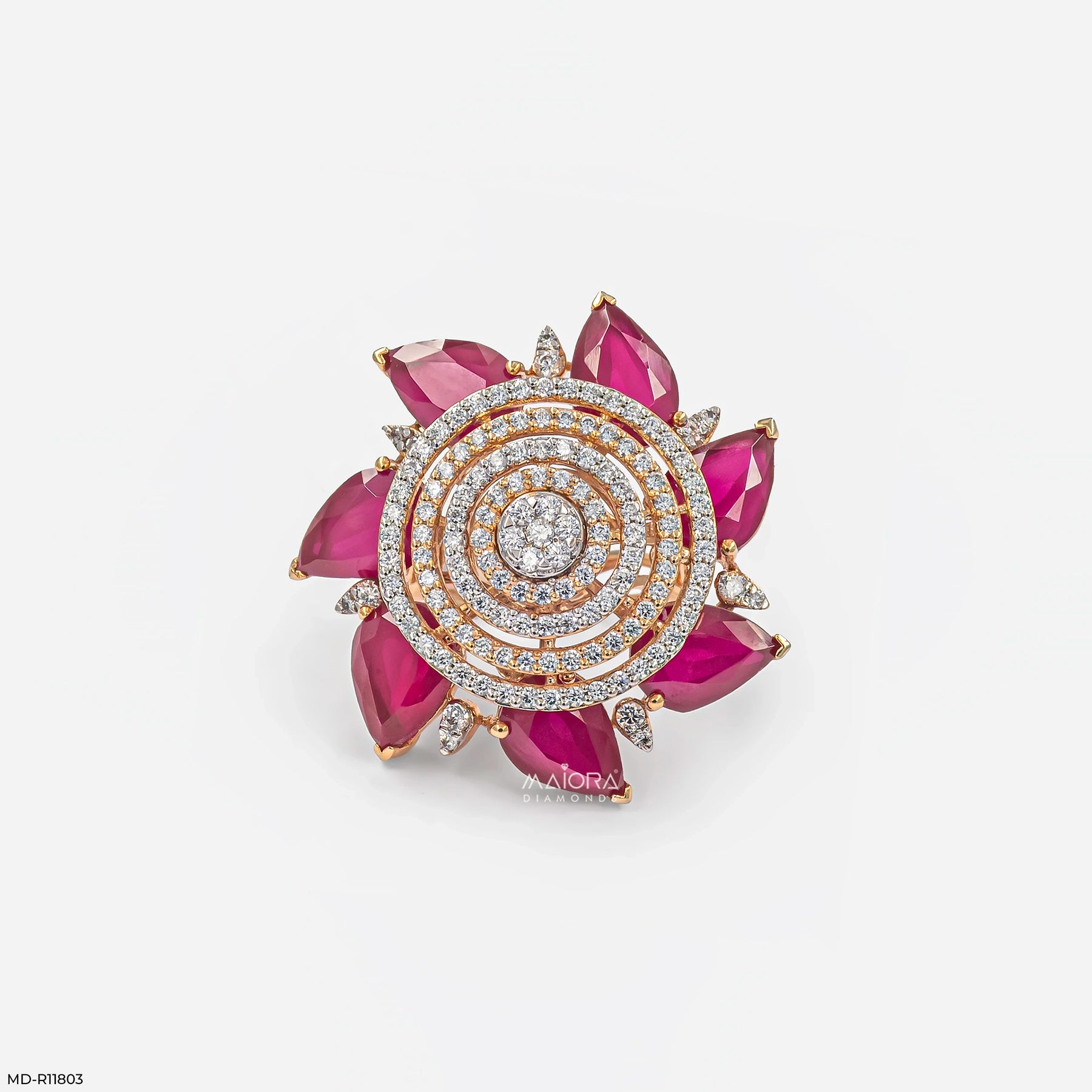 Royal Pear Ruby Lotus Diamond Cocktail Ring Platinum 950