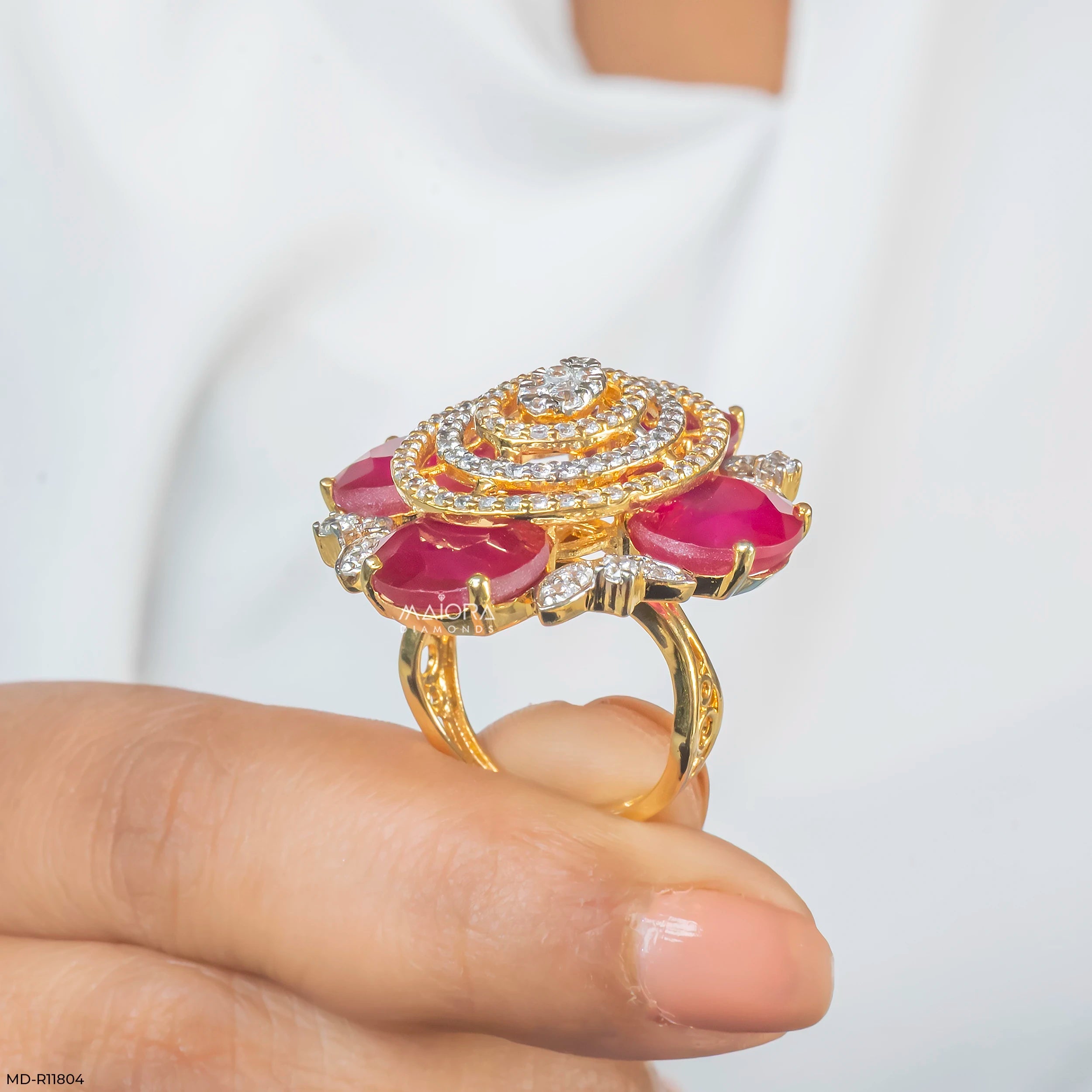 Scarlet Oval Ruby Halo Diamond Cocktail Ring 18K White Gold