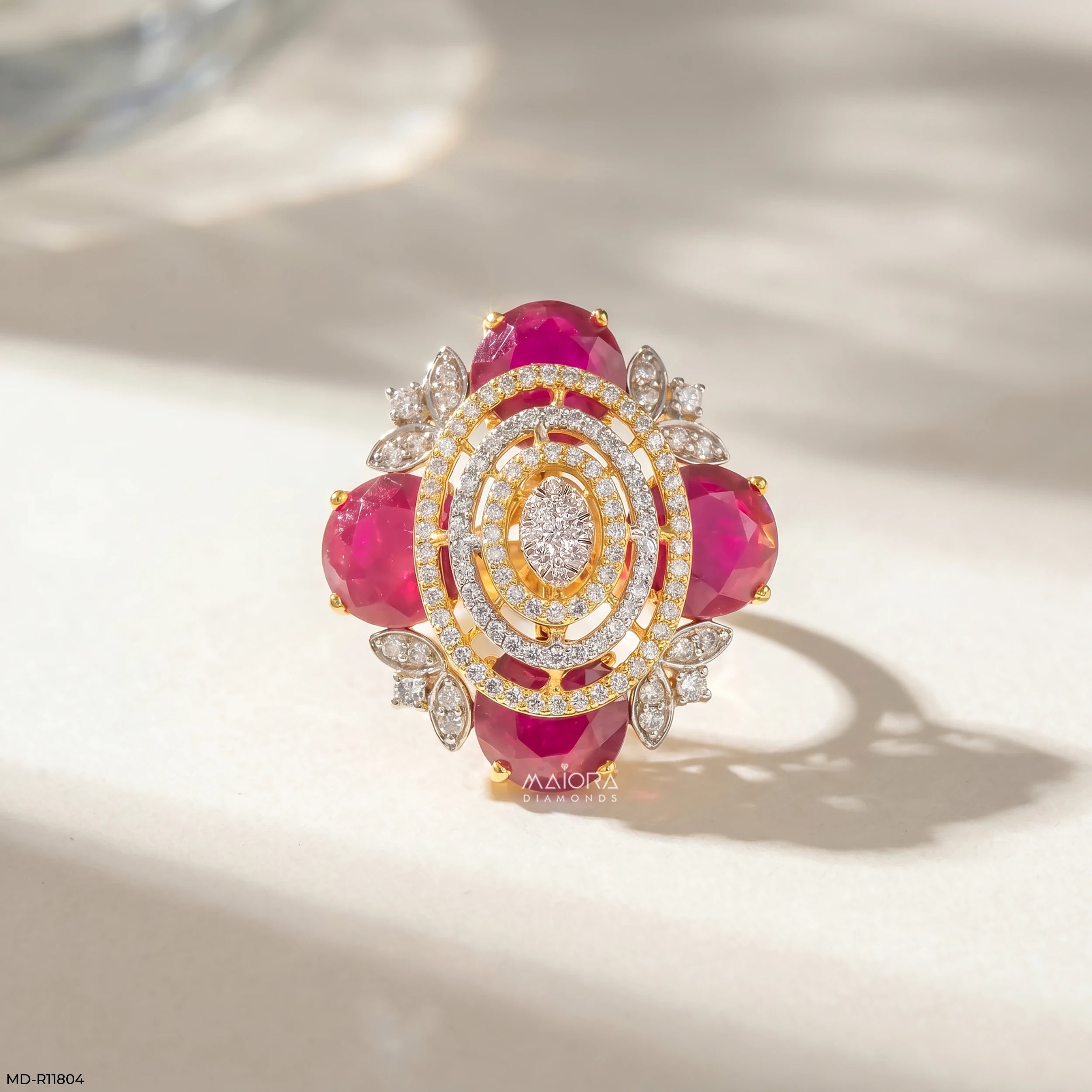 Scarlet Oval Ruby Halo Diamond Cocktail Ring 18K White Gold