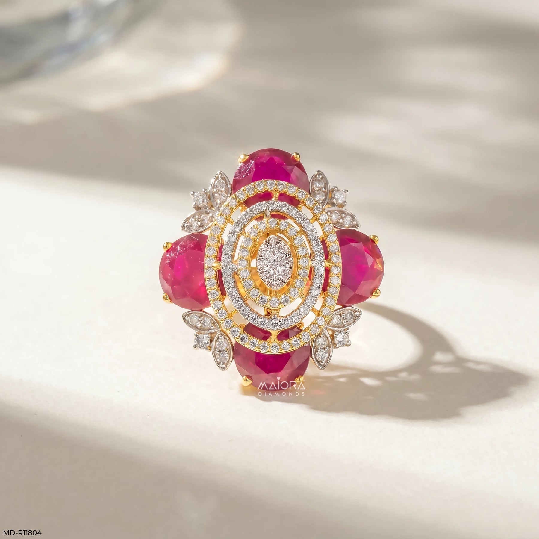 Scarlet Oval Ruby Halo Diamond Cocktail Ring 9K Rose Gold