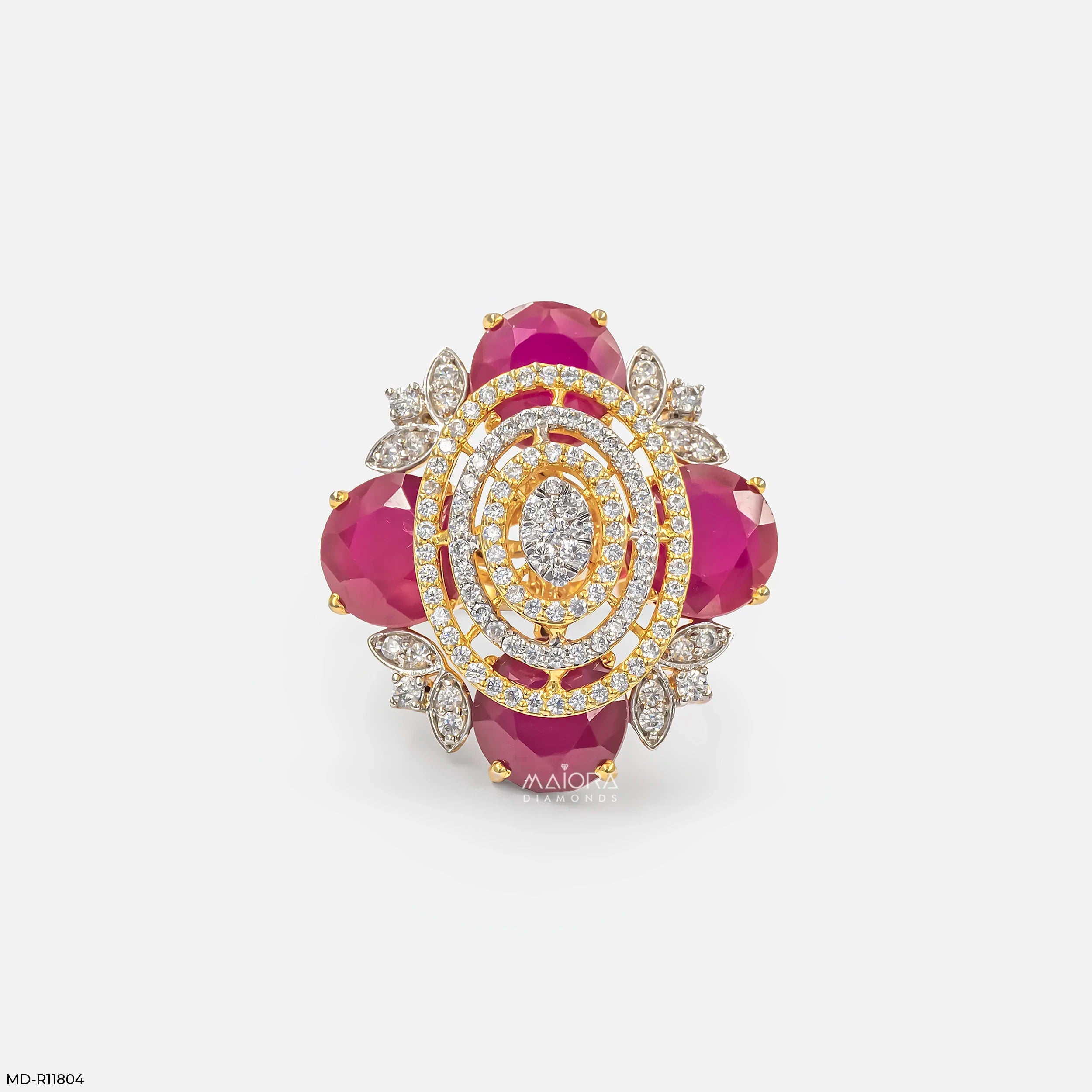 Scarlet Oval Ruby Halo Diamond Cocktail Ring 9K Yellow Gold