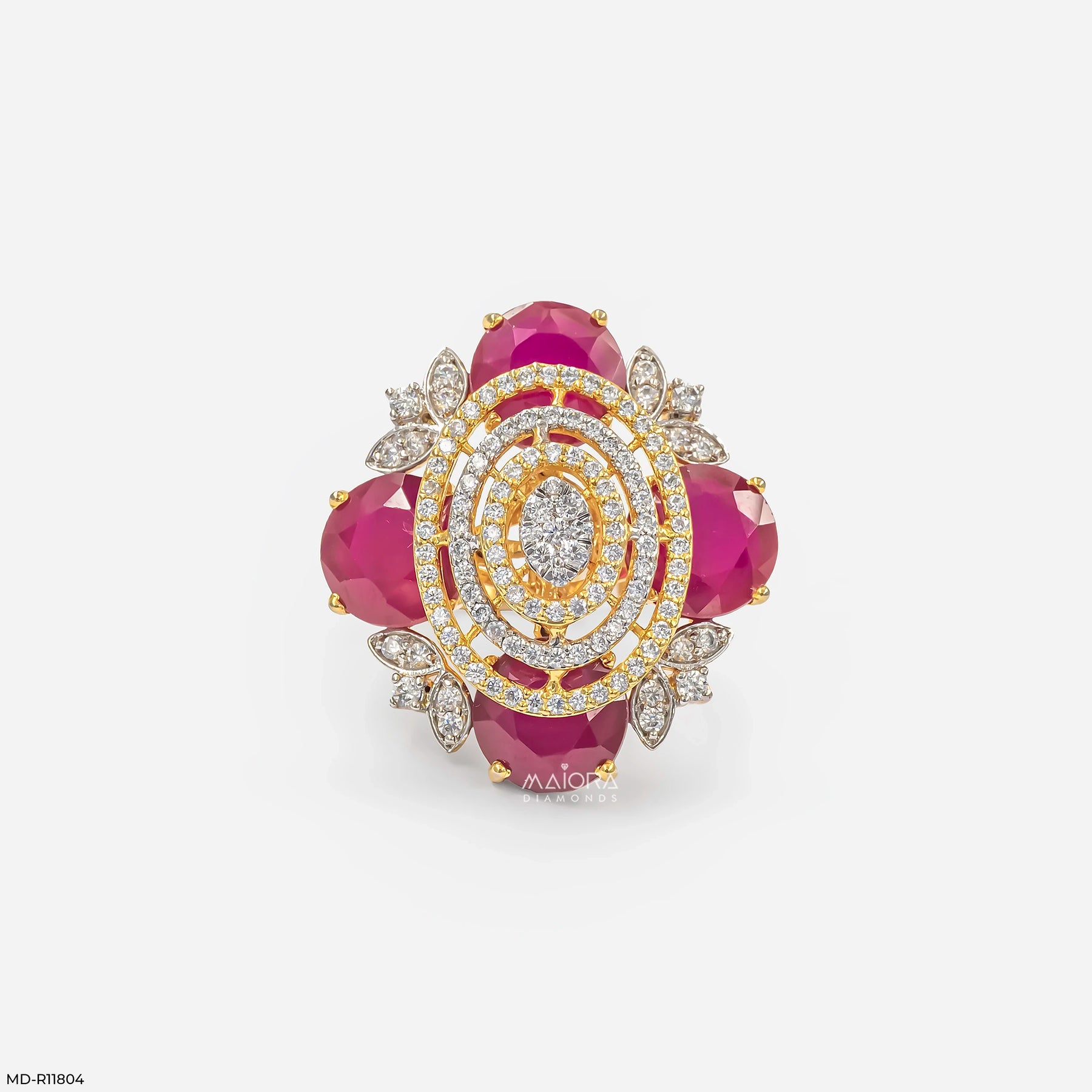 Scarlet Oval Ruby Halo Diamond Cocktail Ring 9K Rose Gold