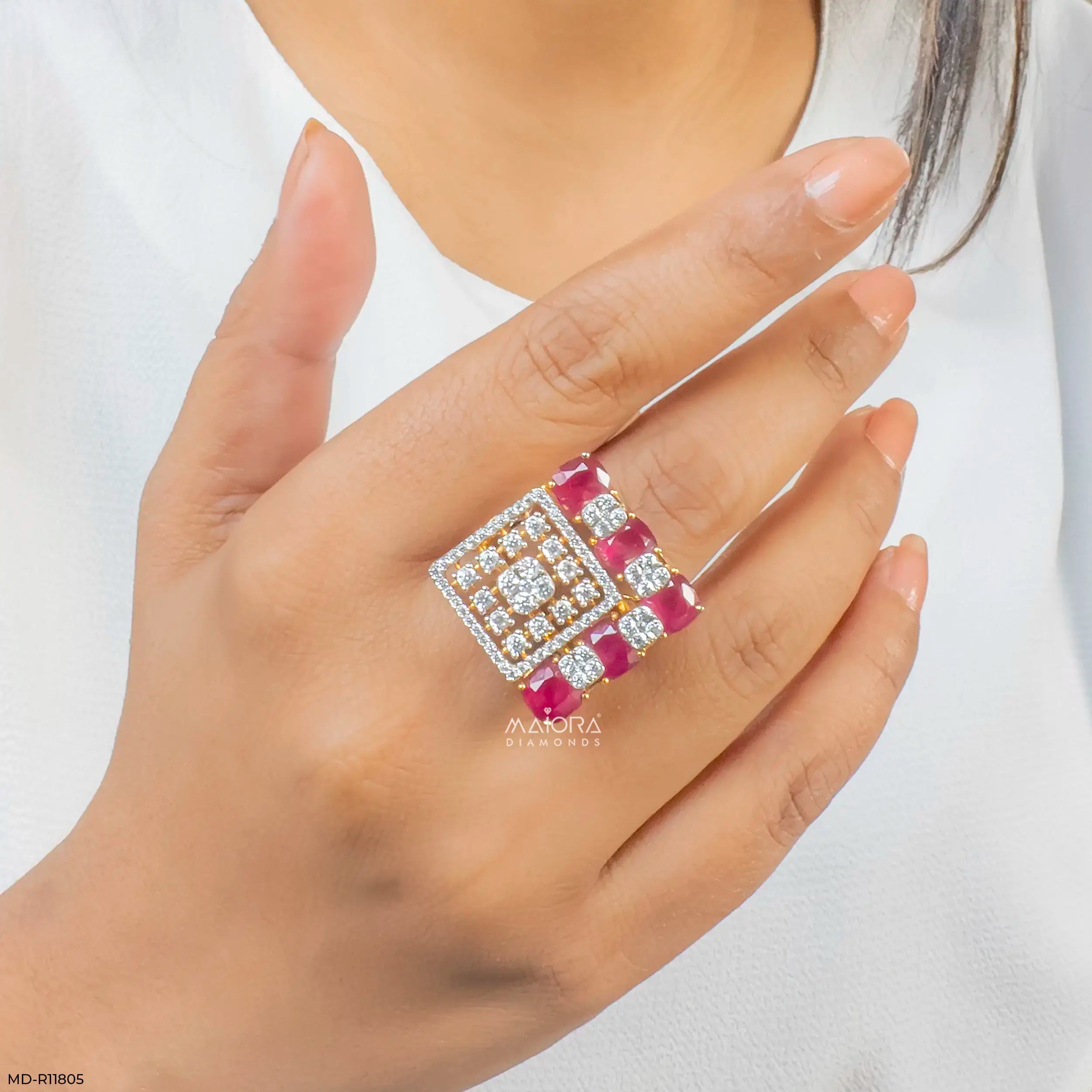 Lattice Cusion Ruby Frame Diamond Cocktail Ring 9K Yellow Gold