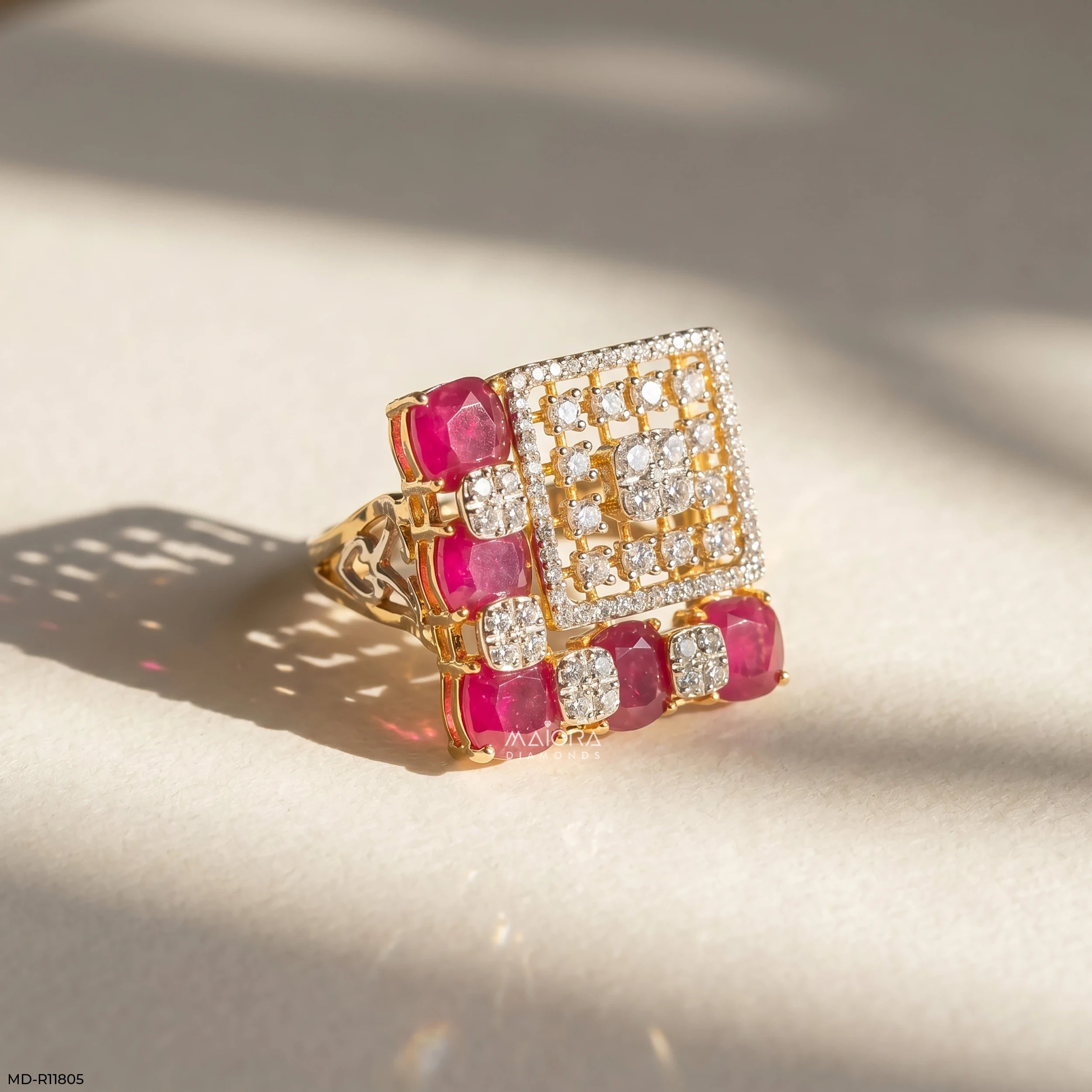 Lattice Cusion Ruby Frame Diamond Cocktail Ring 9K Yellow Gold