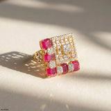 Lattice Cusion Ruby Frame Diamond Cocktail Ring Platinum 950