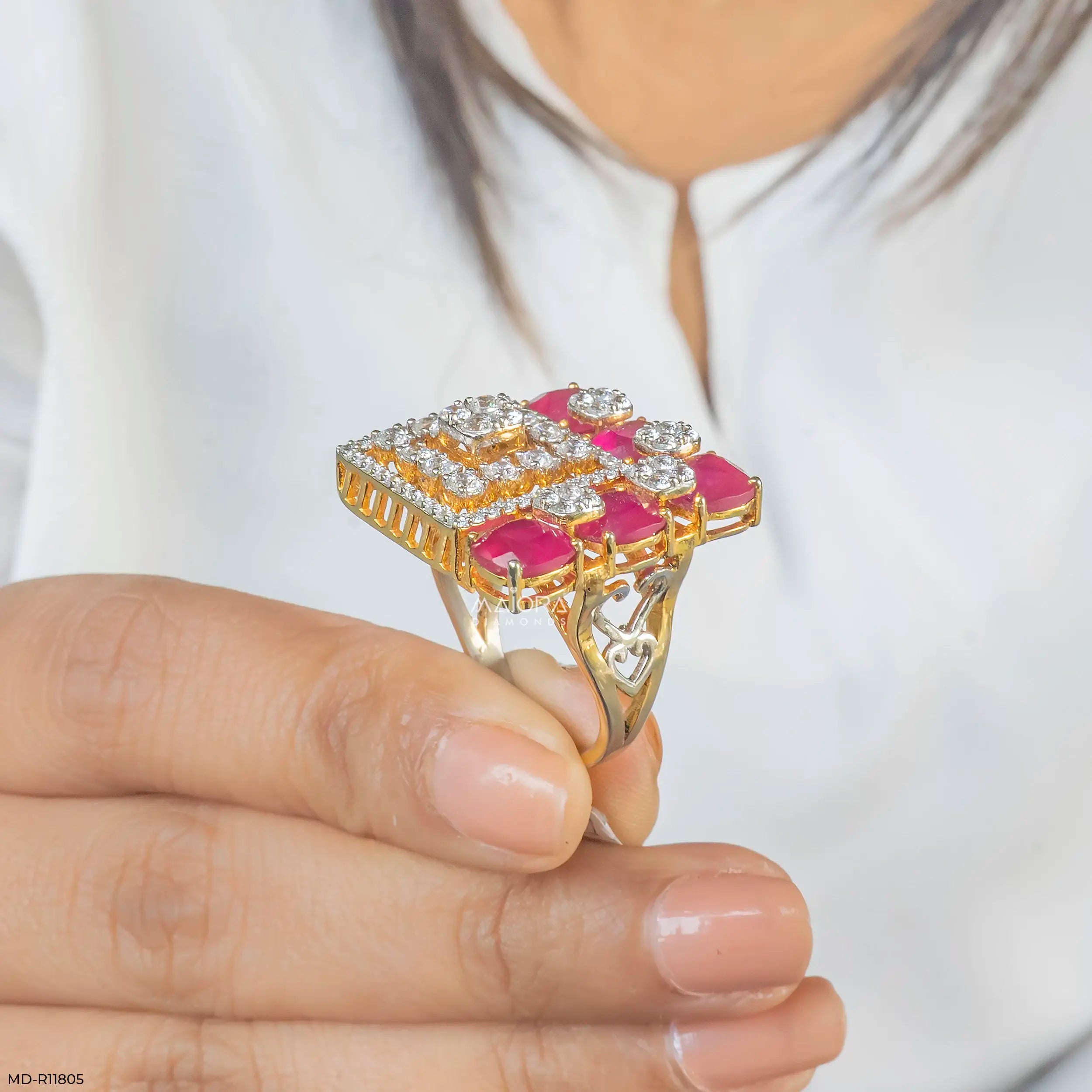 Lattice Cusion Ruby Frame Diamond Cocktail Ring 9K Yellow Gold