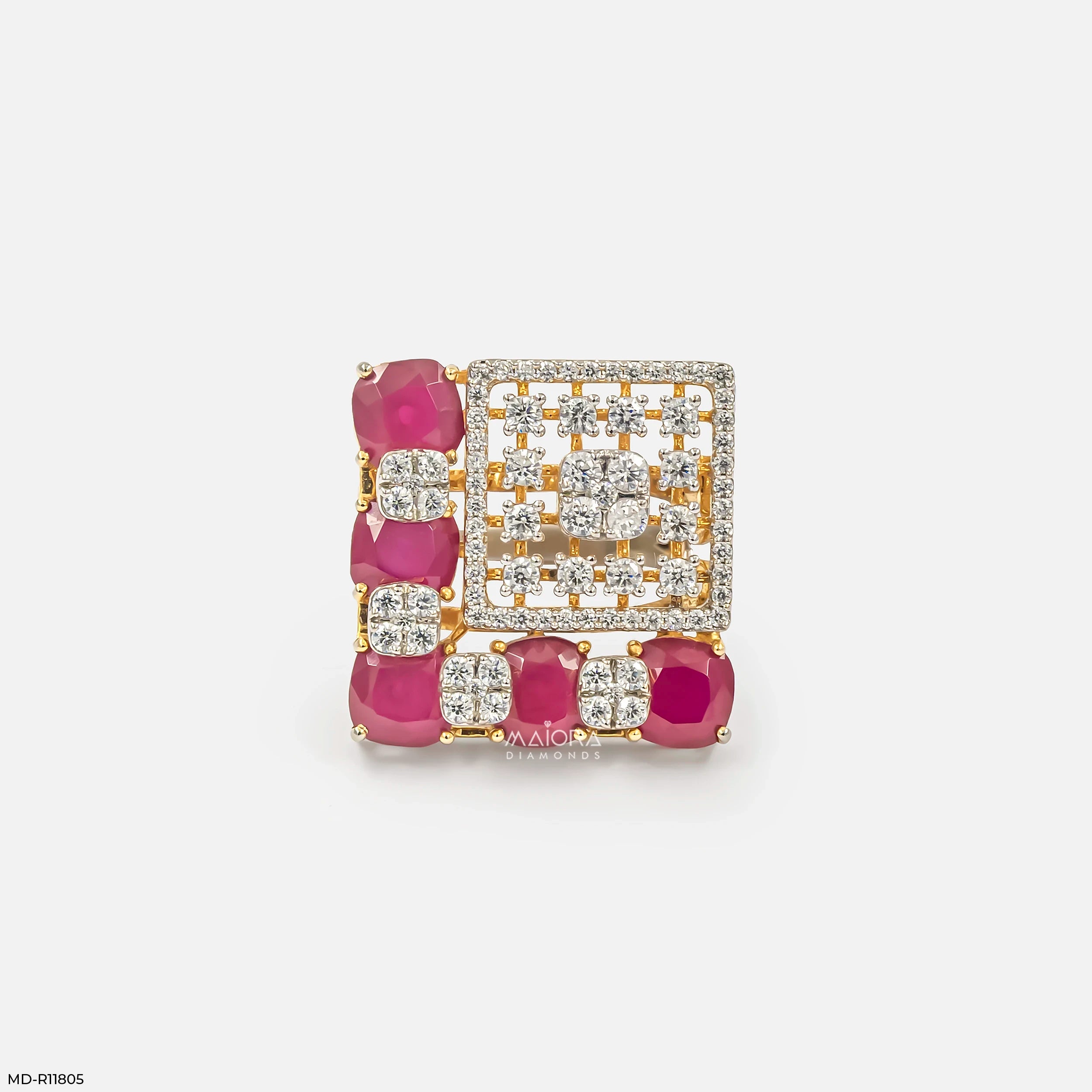 Lattice Cusion Ruby Frame Diamond Cocktail Ring 9K Yellow Gold
