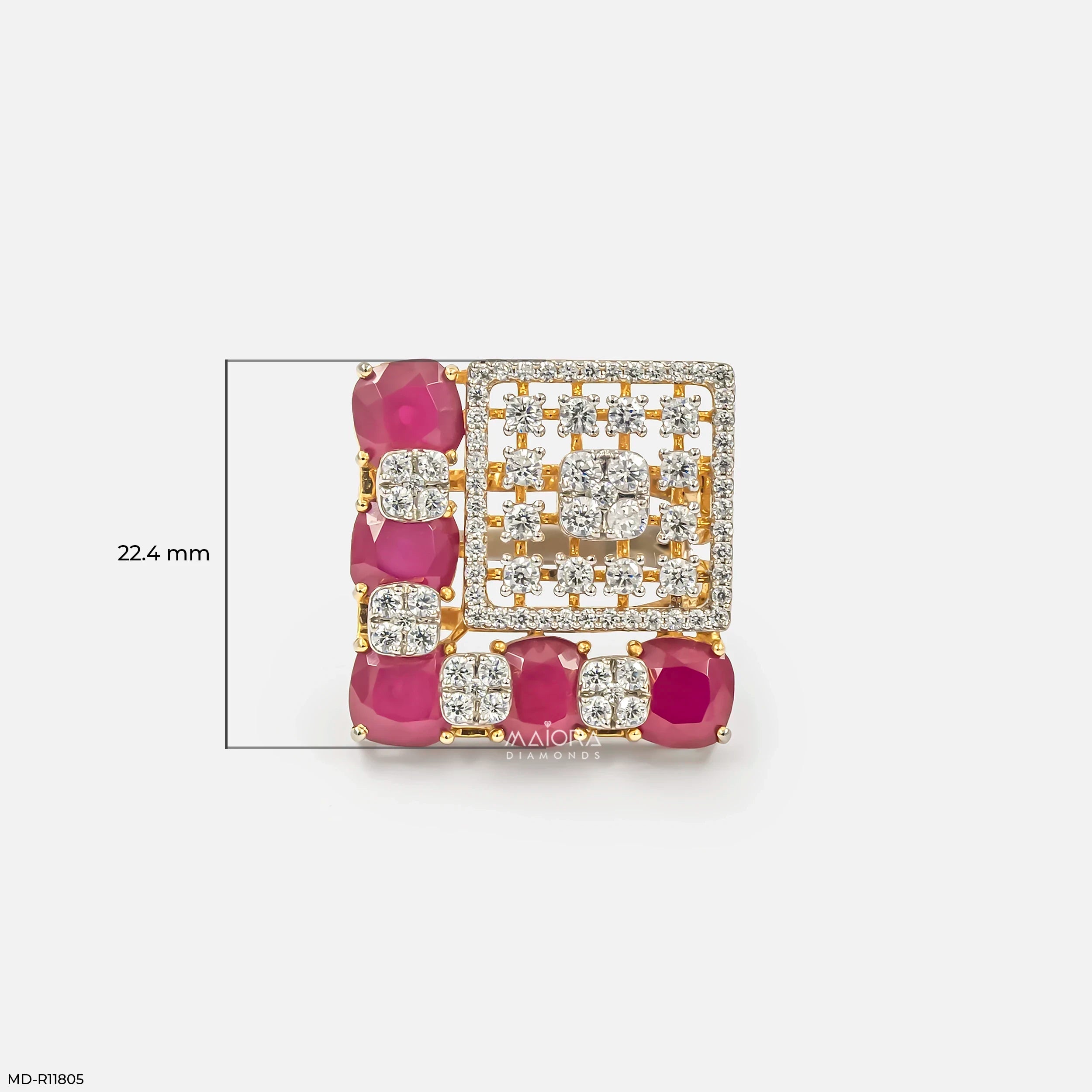 Lattice Cusion Ruby Frame Diamond Cocktail Ring 9K Yellow Gold