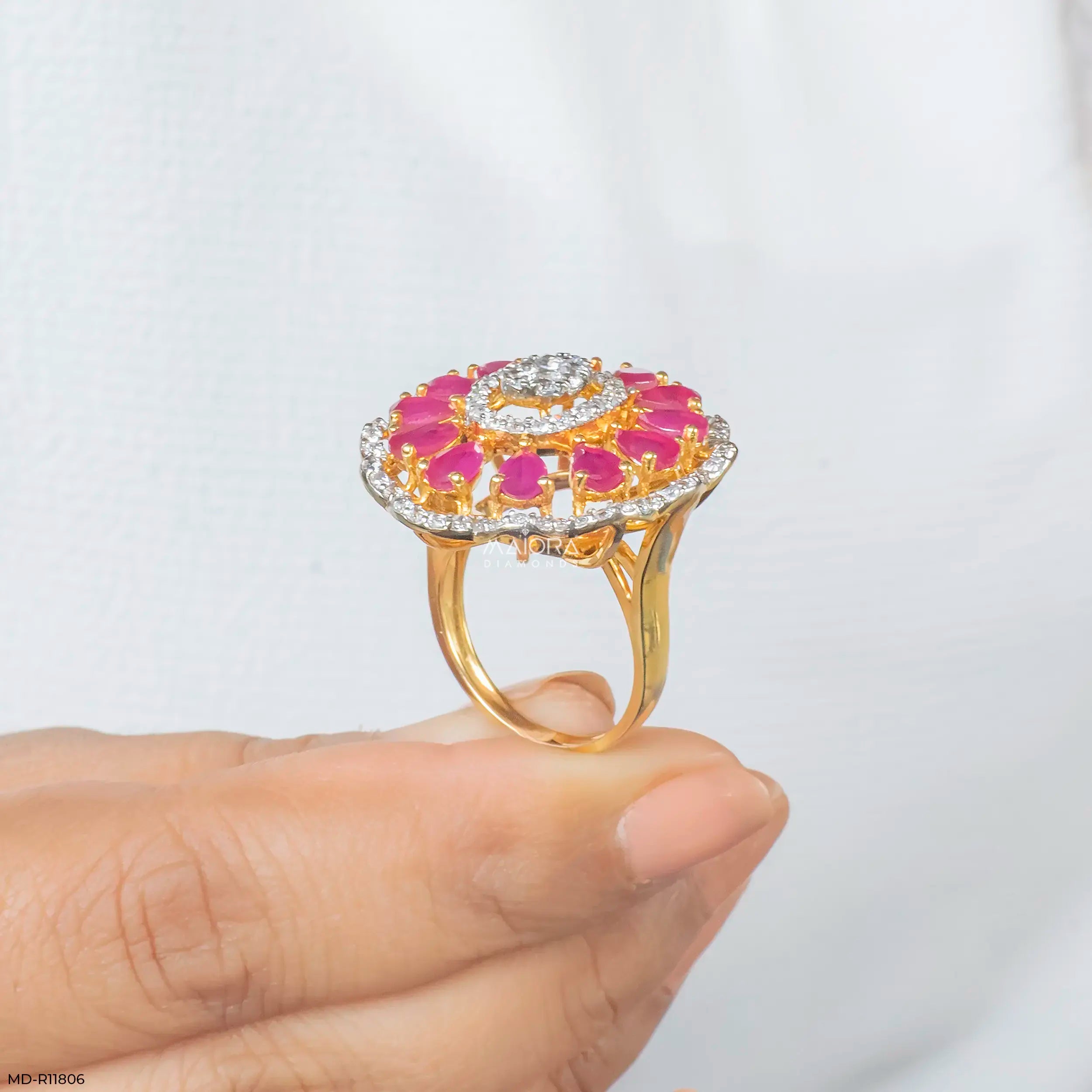 Openwork Pear Ruby Floral Diamond Cocktail Ring