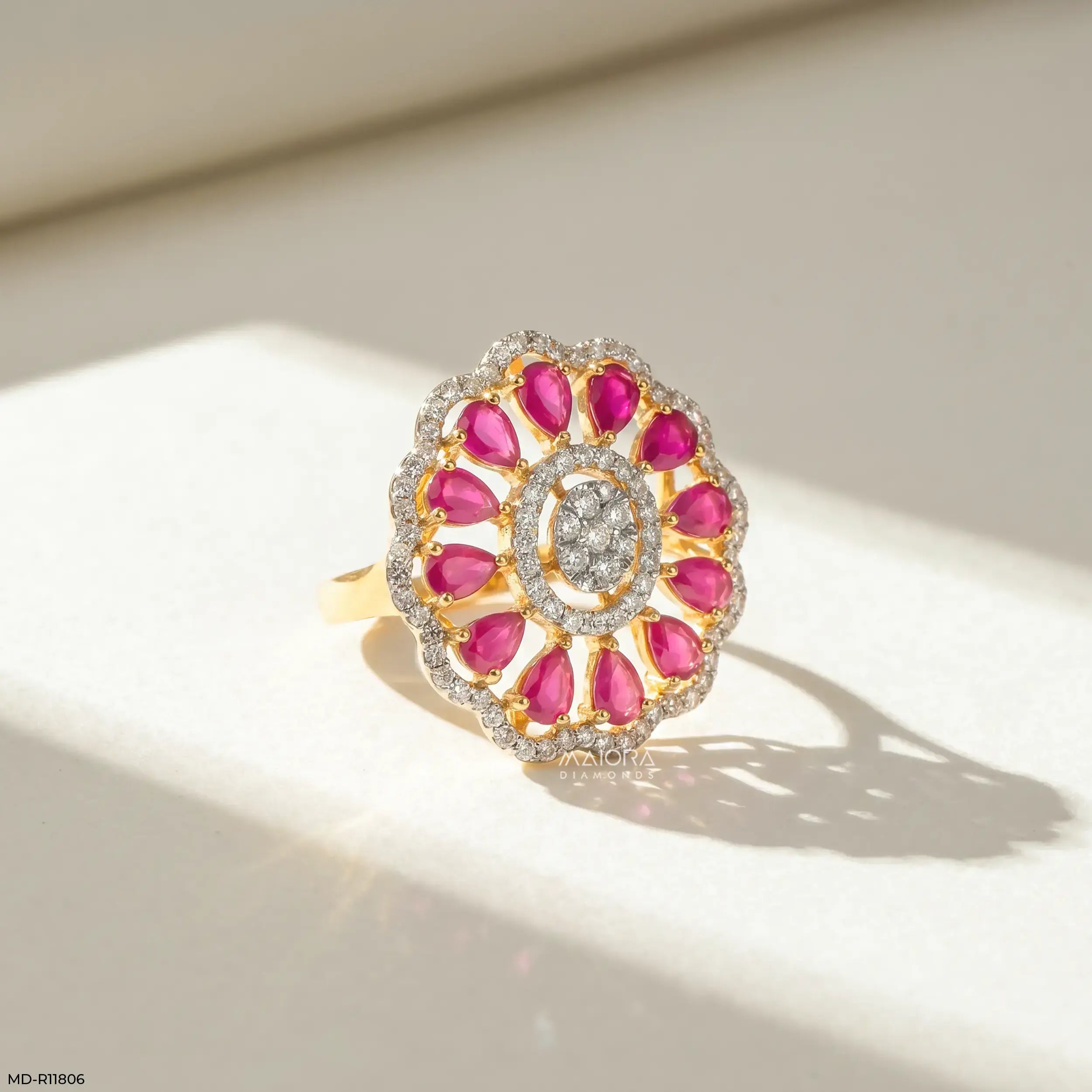 Openwork Pear Ruby Floral Diamond Cocktail Ring 9K Yellow Gold