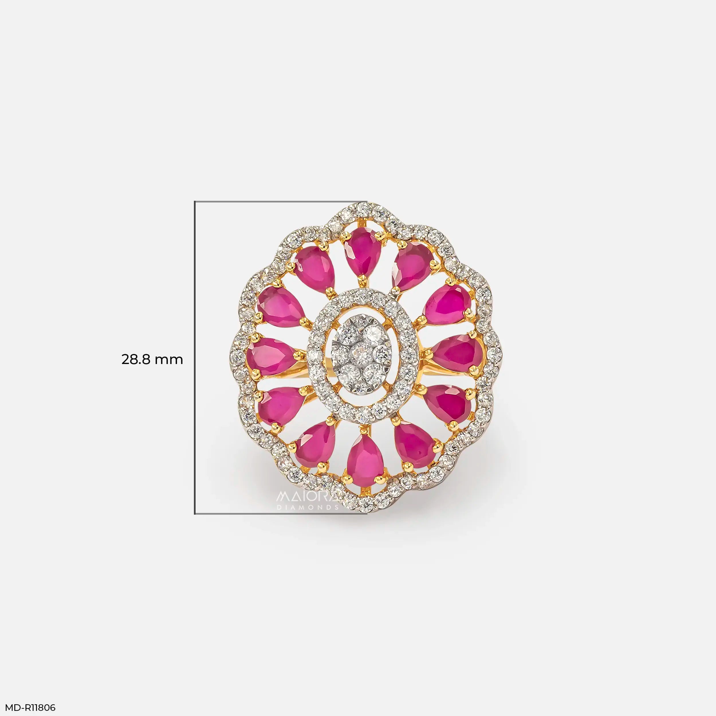 Openwork Pear Ruby Floral Diamond Cocktail Ring 9K Yellow Gold
