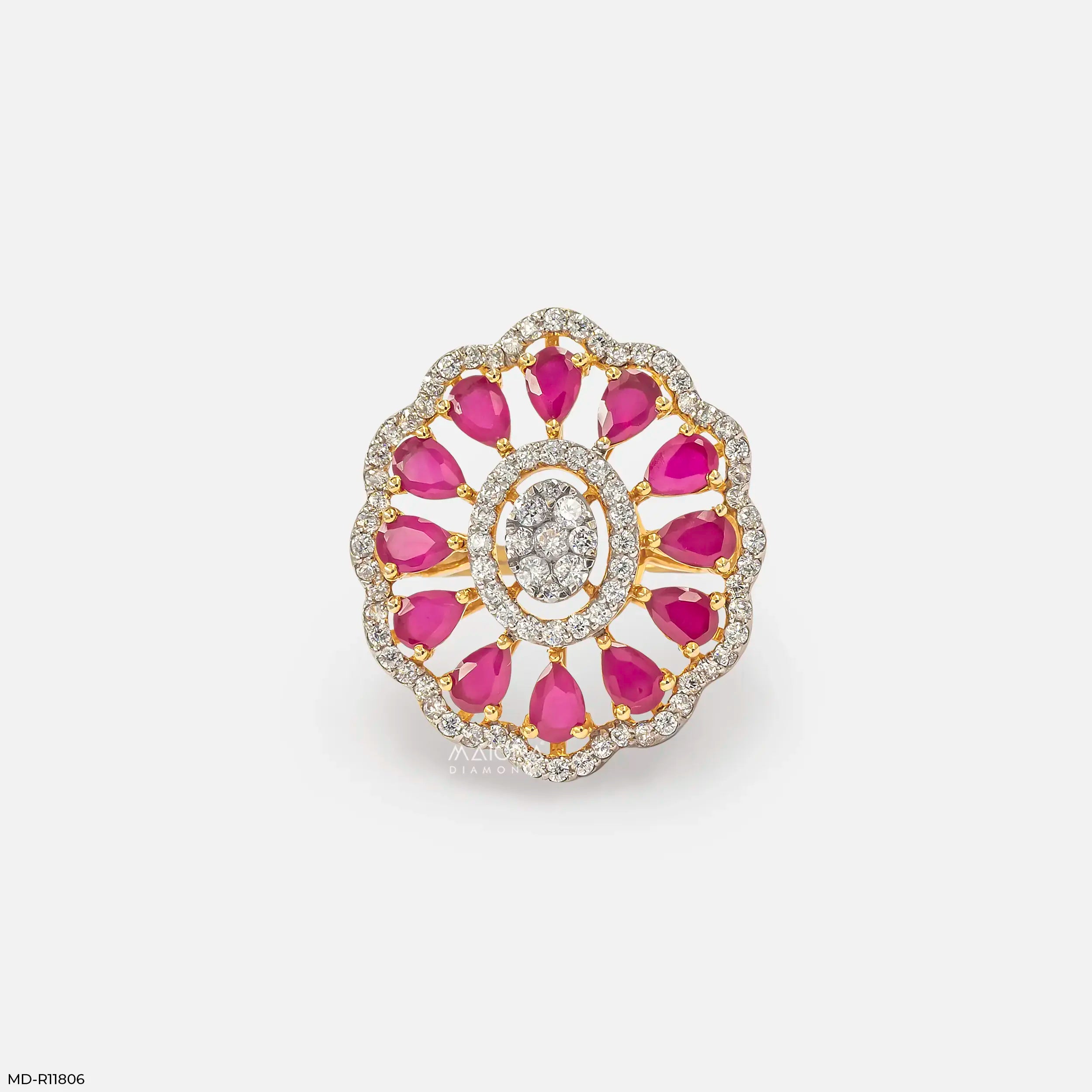 Openwork Pear Ruby Floral Diamond Cocktail Ring 9K Yellow Gold