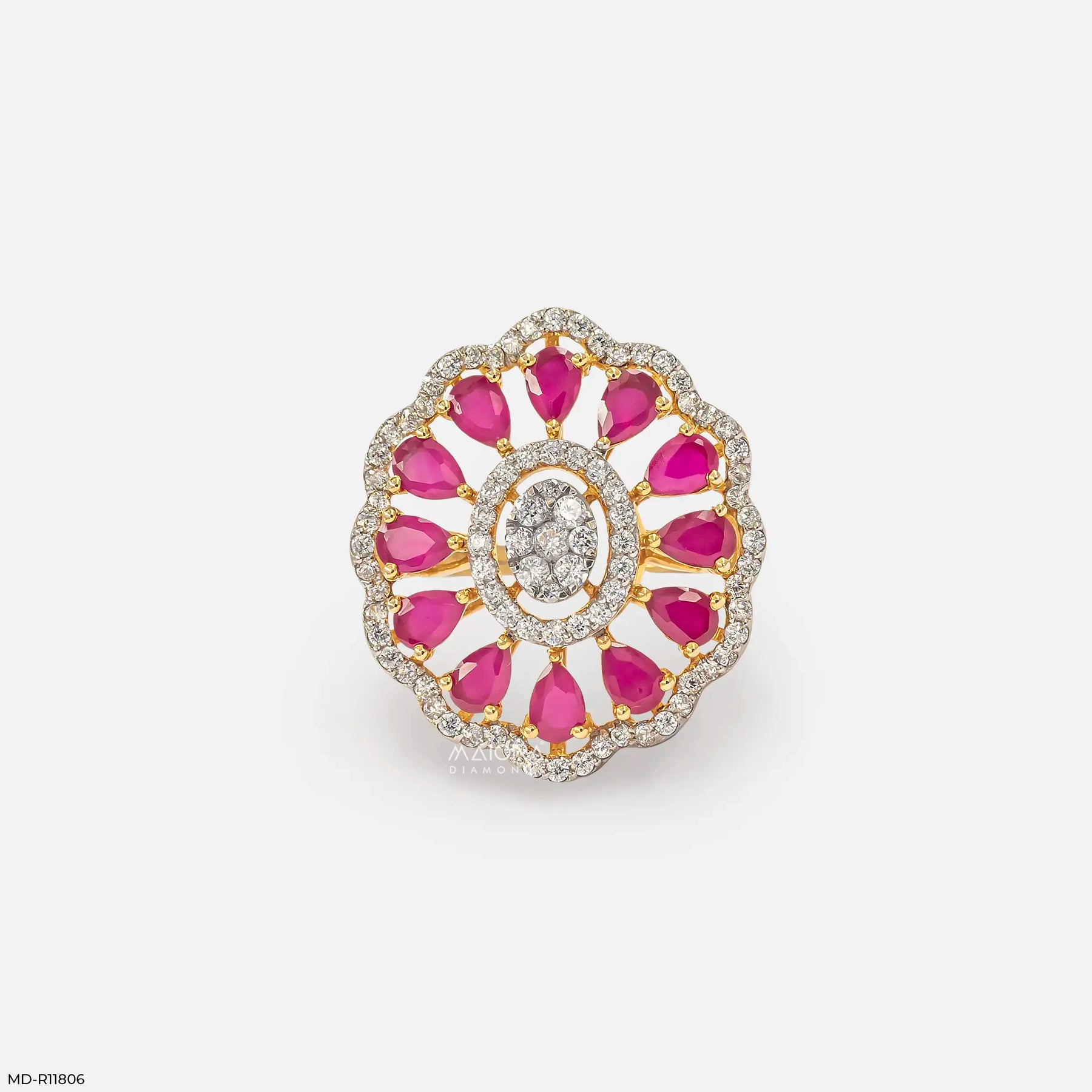 Openwork Pear Ruby Floral Diamond Cocktail Ring 14K White Gold