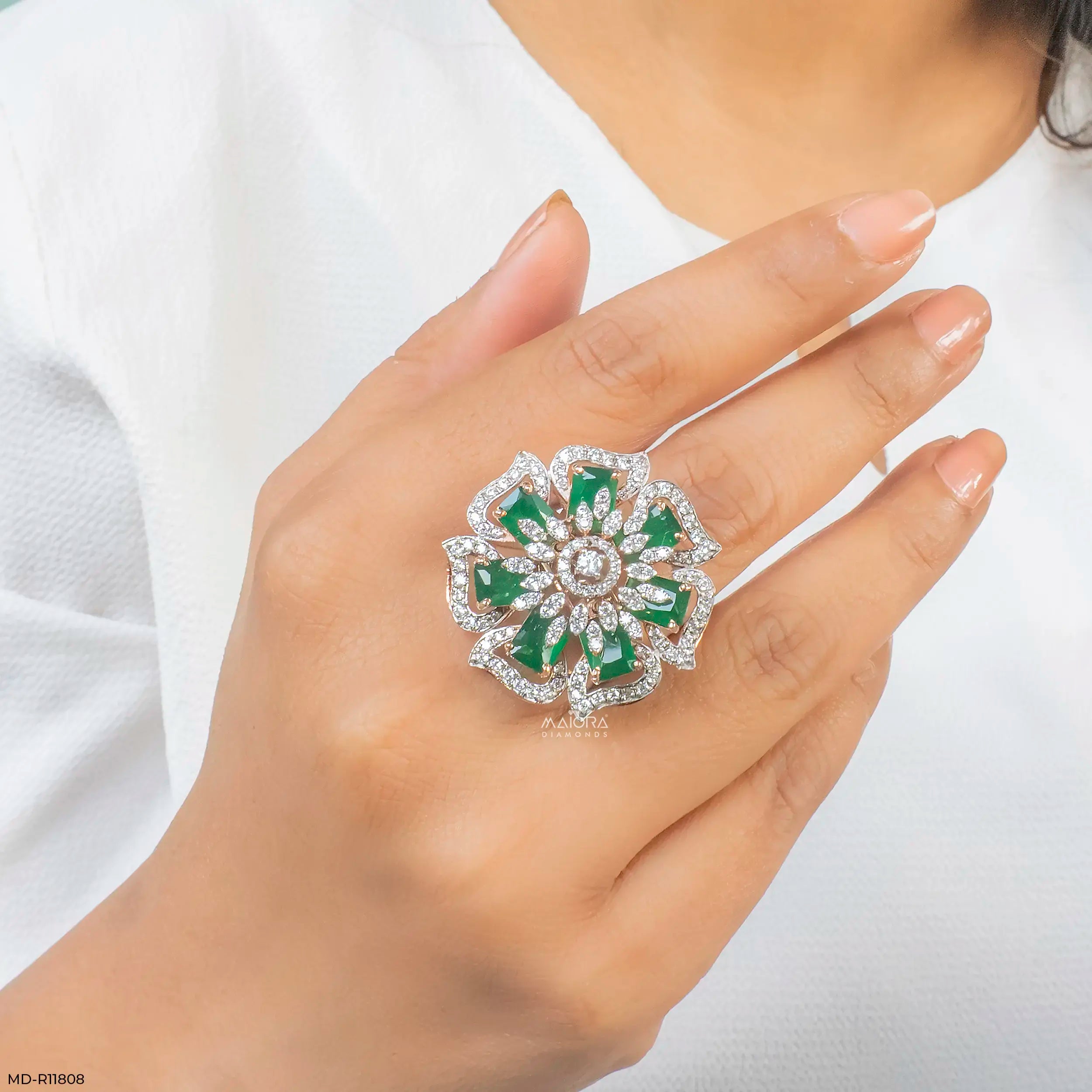 Emerald Blossom Diamond Cocktail Ring 9K Yellow Gold