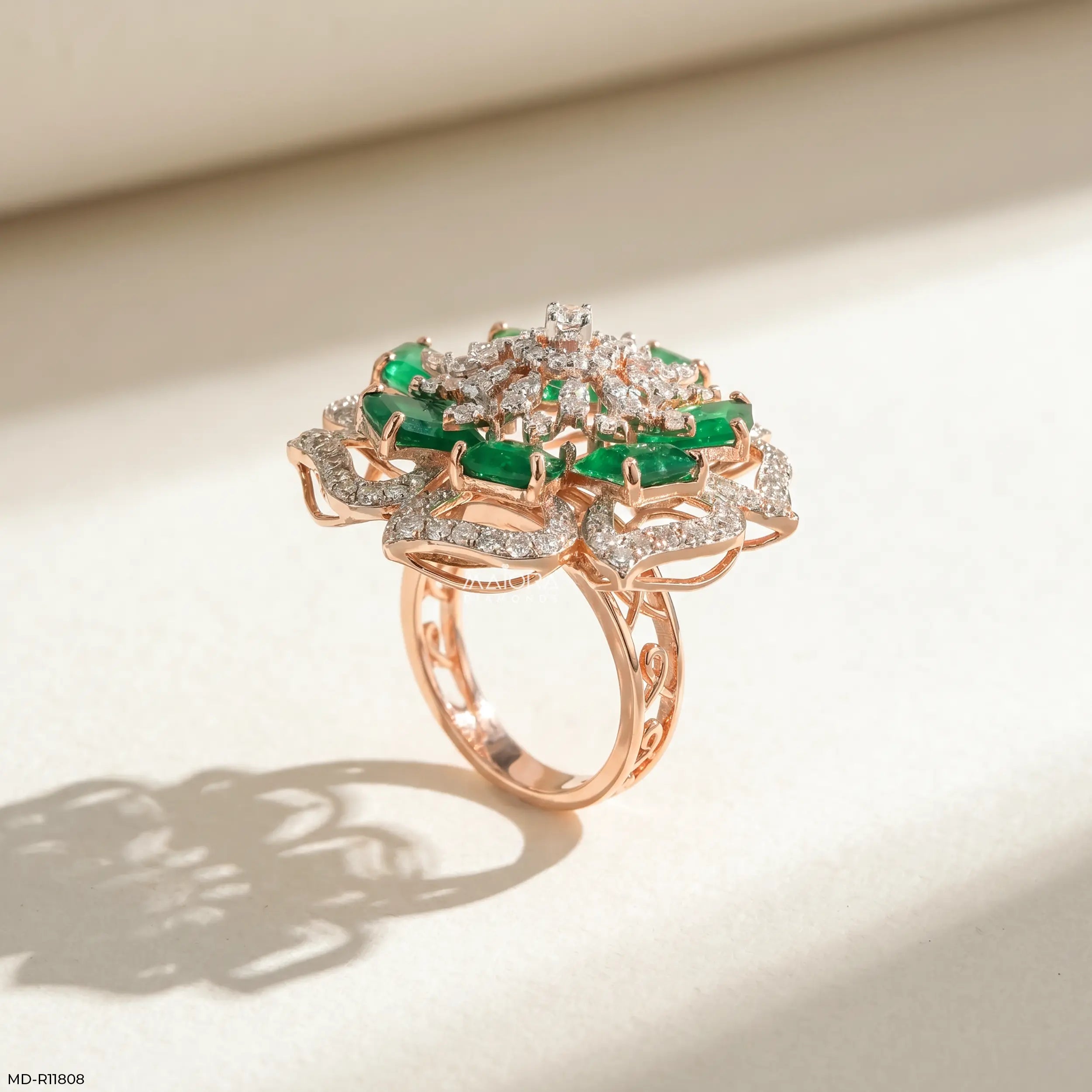 Emerald Blossom Diamond Cocktail Ring 9K White Gold