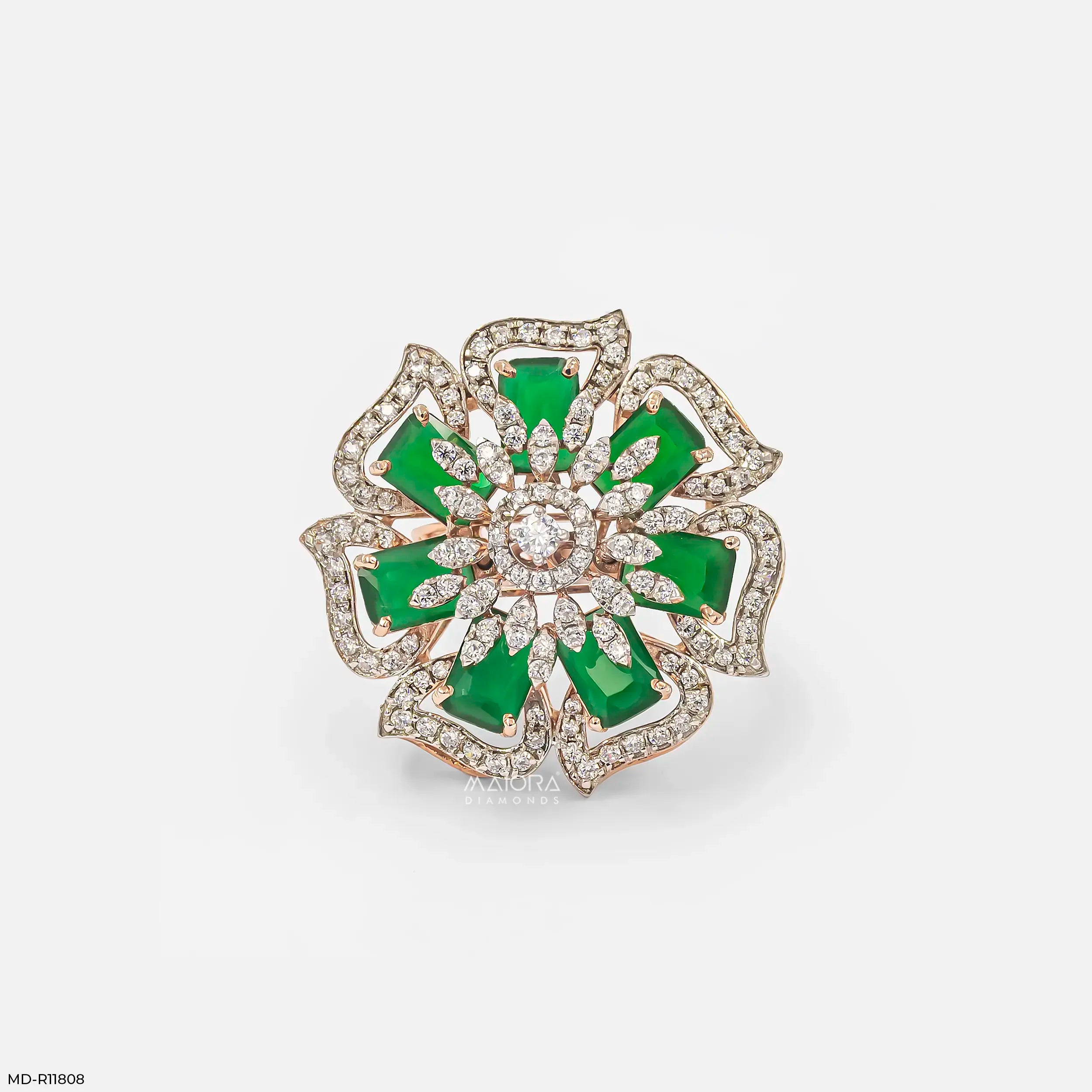 Emerald Blossom Diamond Cocktail Ring 9K Yellow Gold
