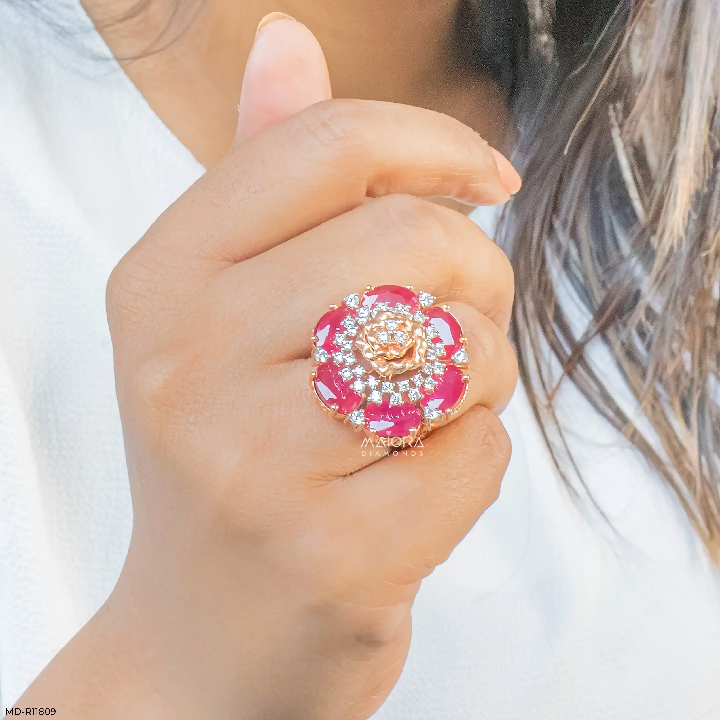 Oval Ruby Rose Diamond Cocktail Ring 9K Yellow Gold