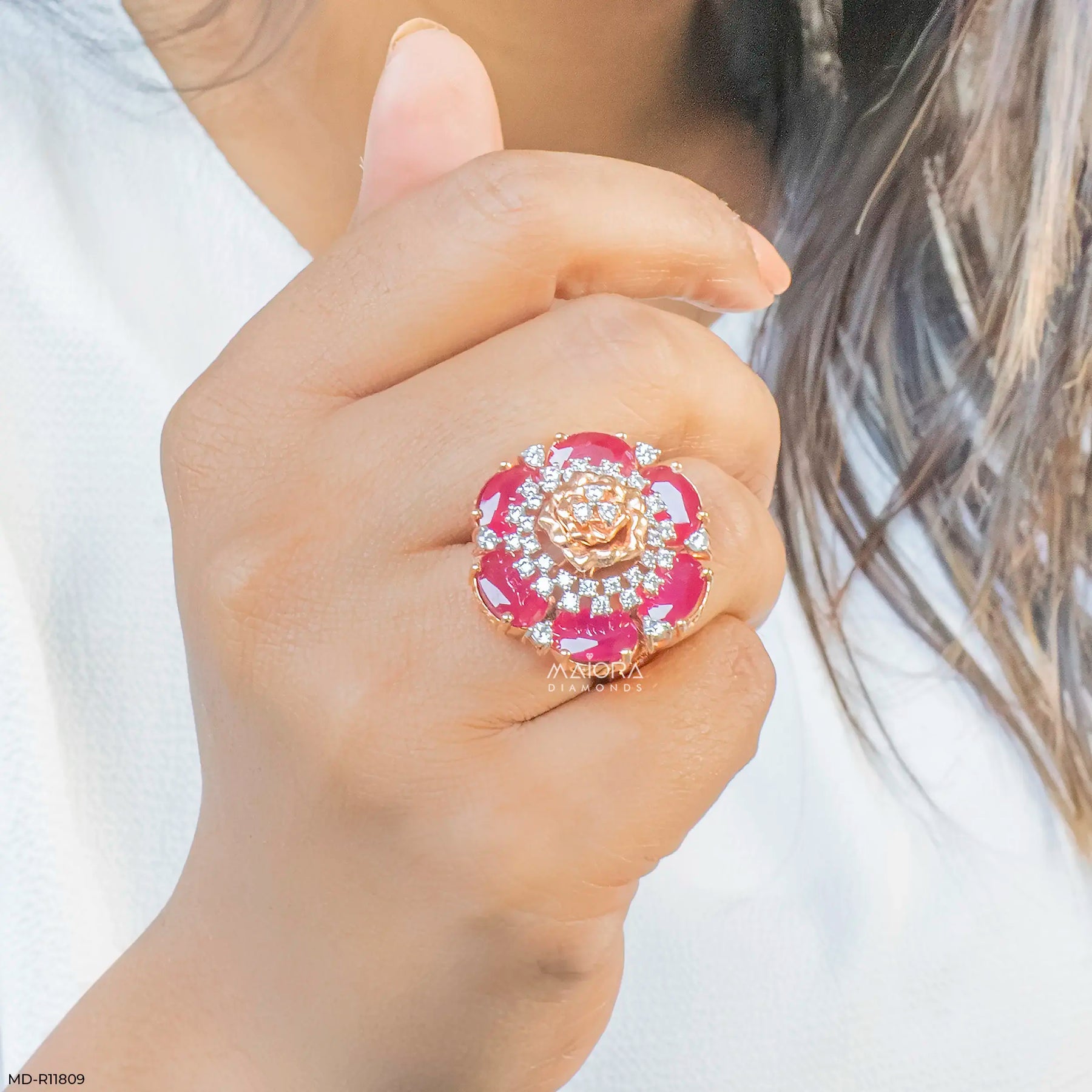 Oval Ruby Rose Diamond Cocktail Ring Platinum 950