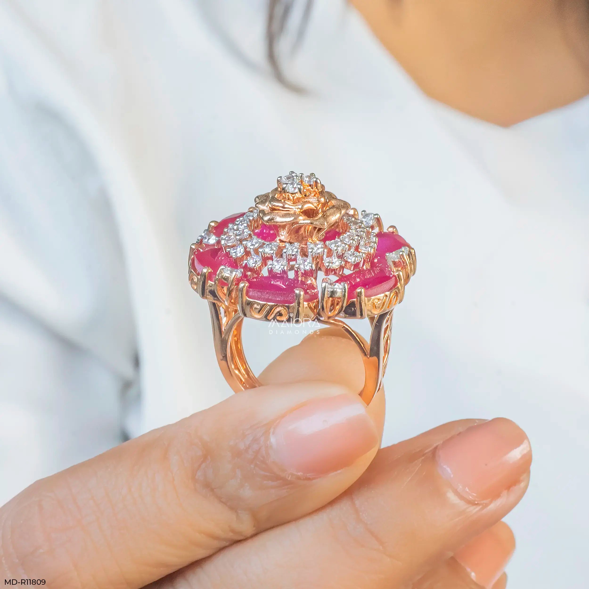 Oval Ruby Rose Diamond Cocktail Ring 14K Rose Gold
