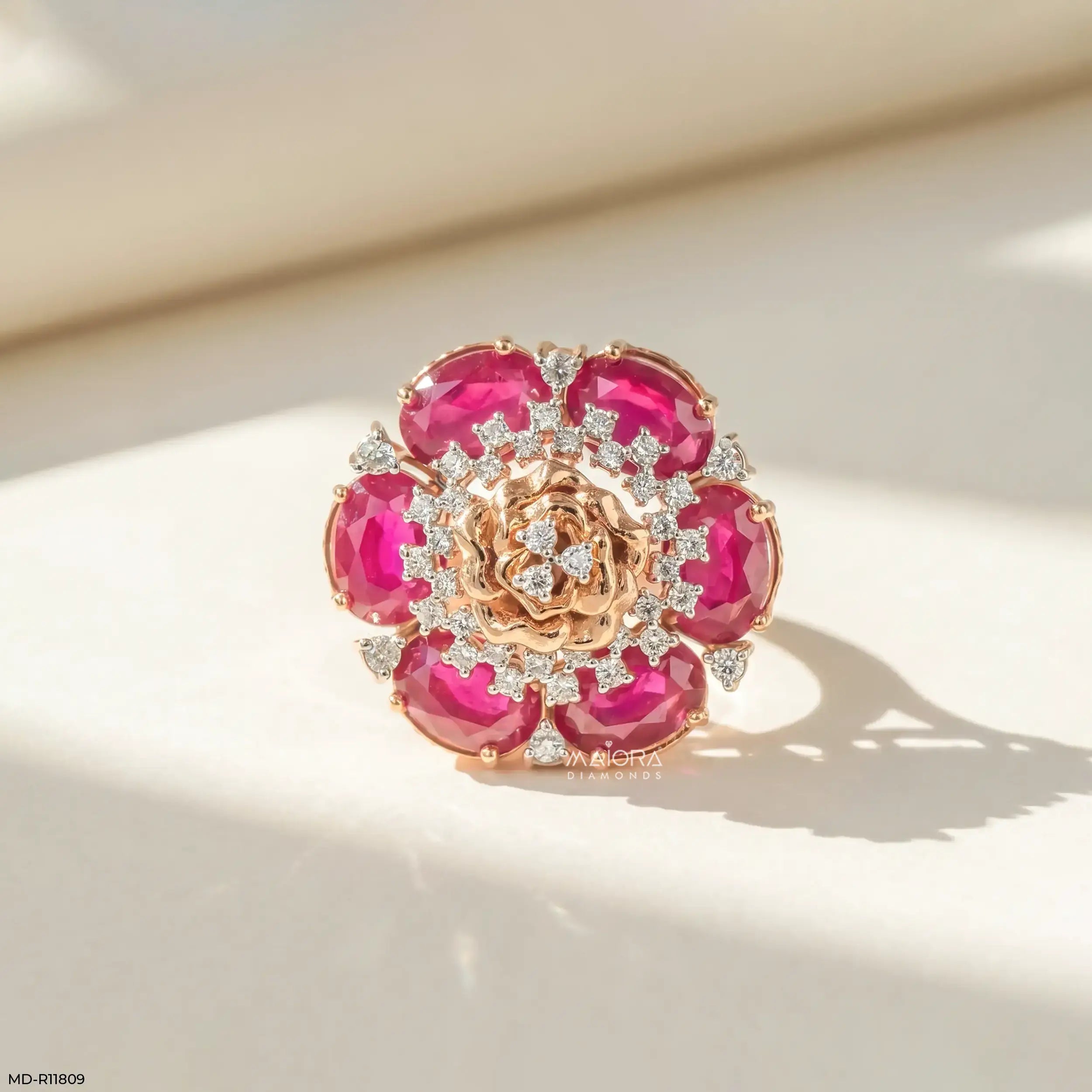 Oval Ruby Rose Diamond Cocktail Ring 14K Rose Gold