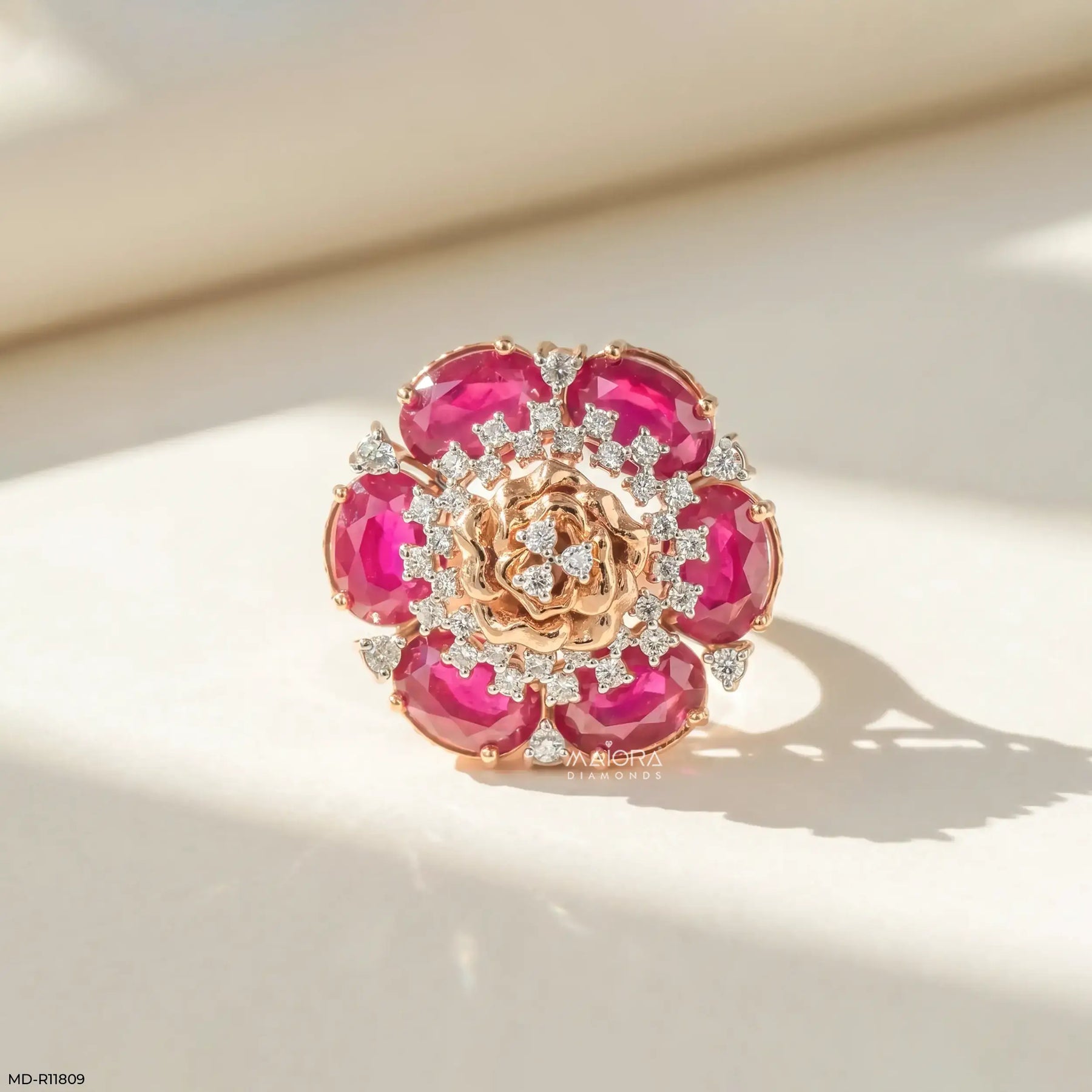 Oval Ruby Rose Diamond Cocktail Ring Platinum 950