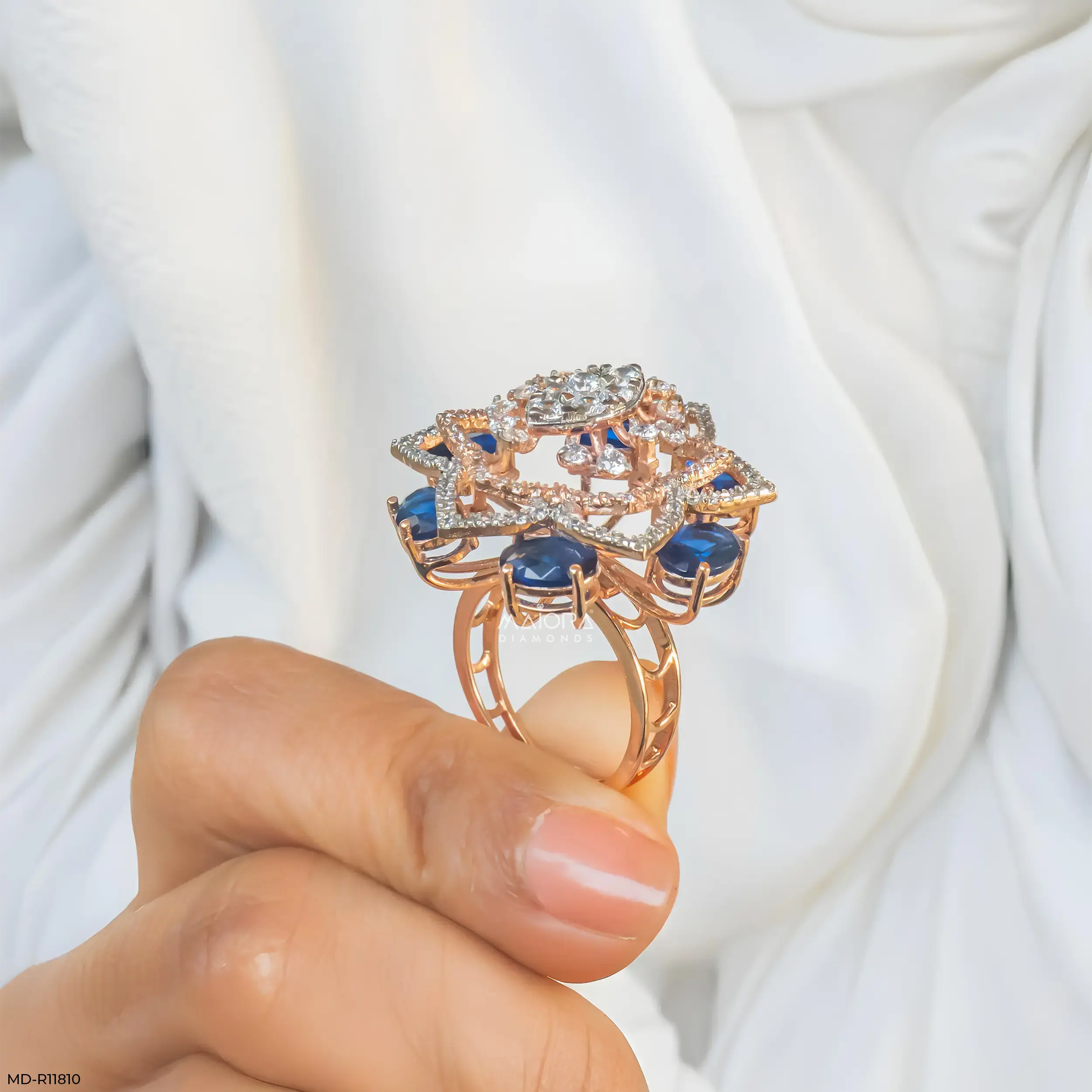 Victorian Blue Sapphire Halo Diamond Cocktail Ring Platinum 950