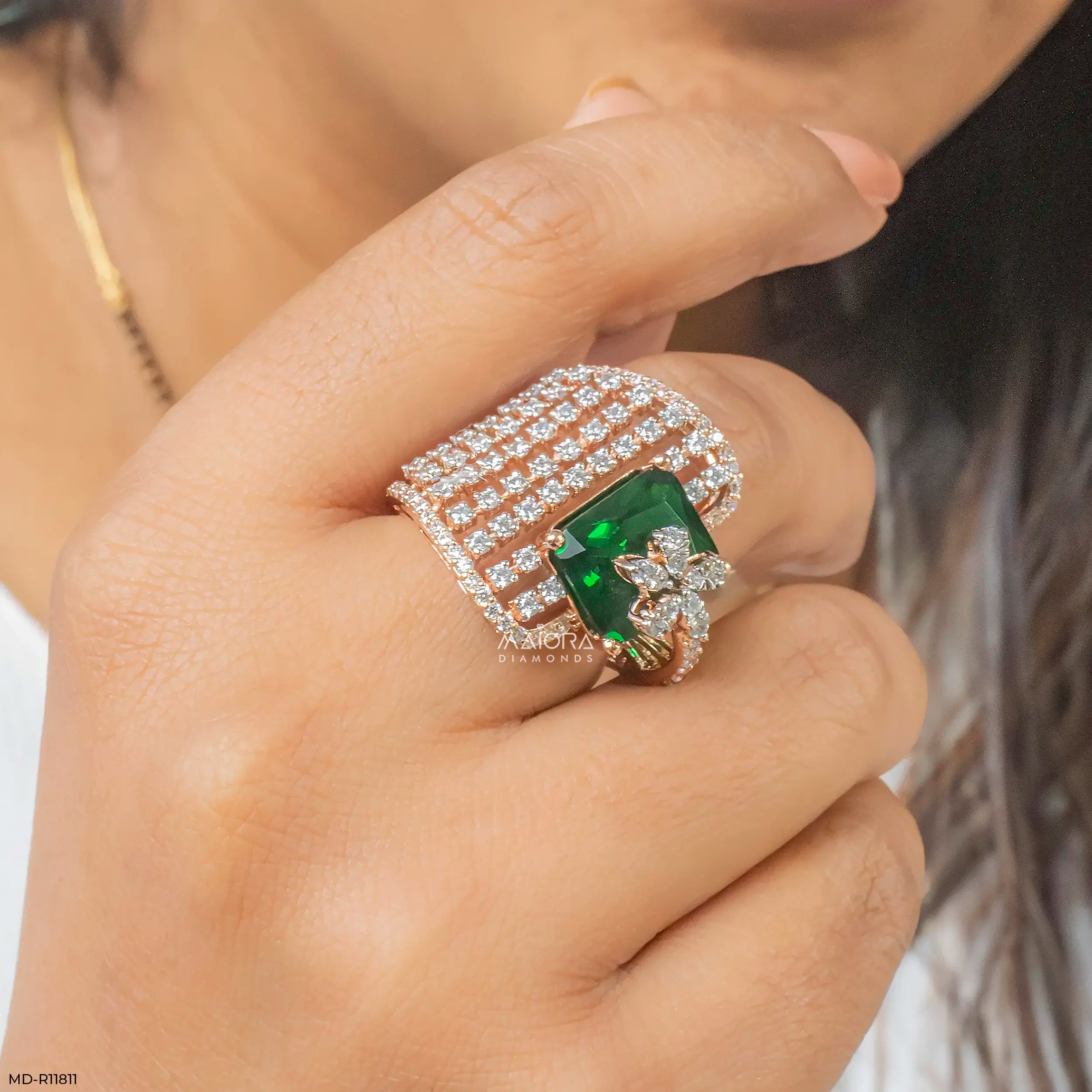 Overlay Emerald Liner Diamond Cocktail Ring 9K Yellow Gold