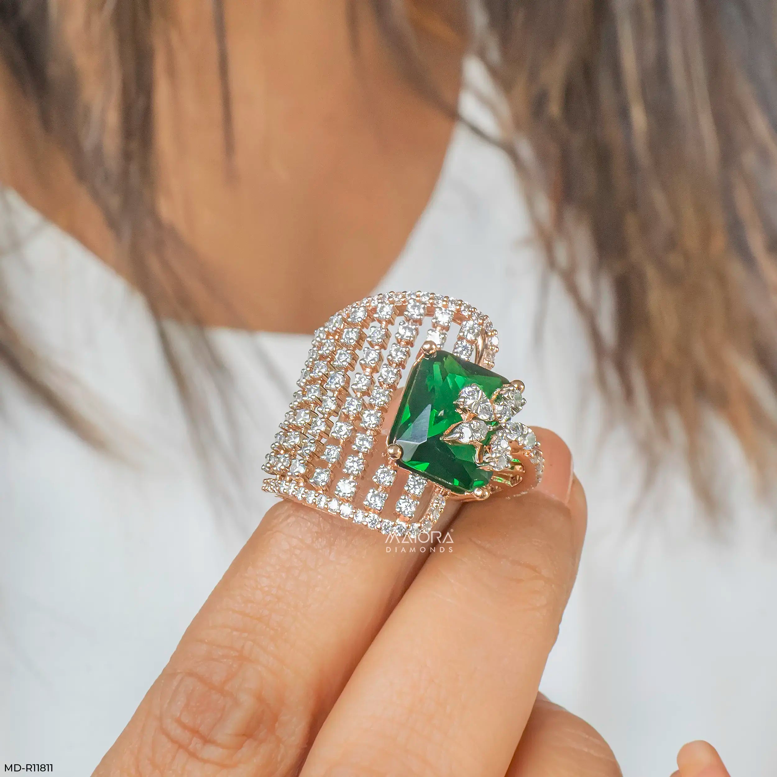 Overlay Emerald Liner Diamond Cocktail Ring 9K Rose Gold