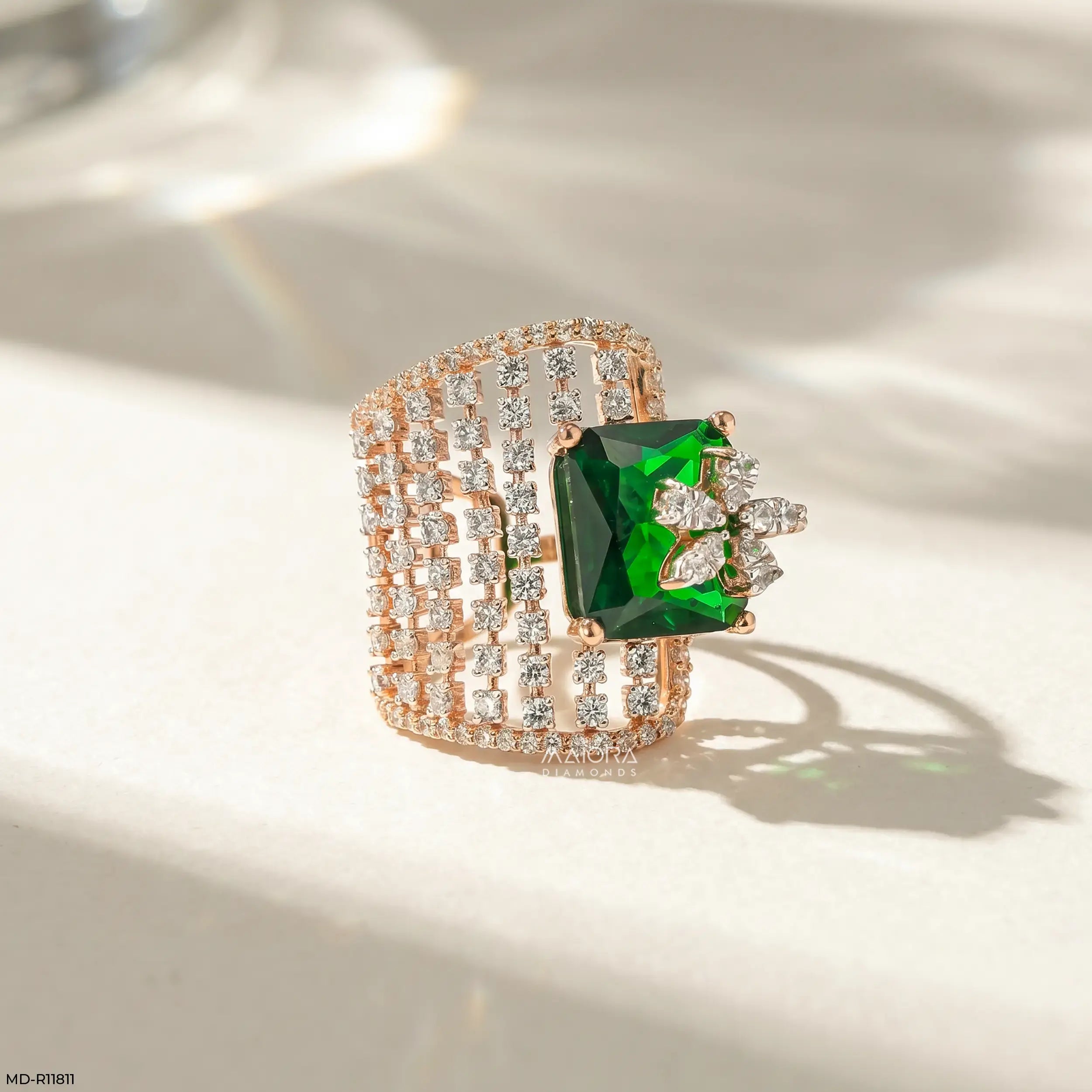 Overlay Emerald Liner Diamond Cocktail Ring 9K Rose Gold