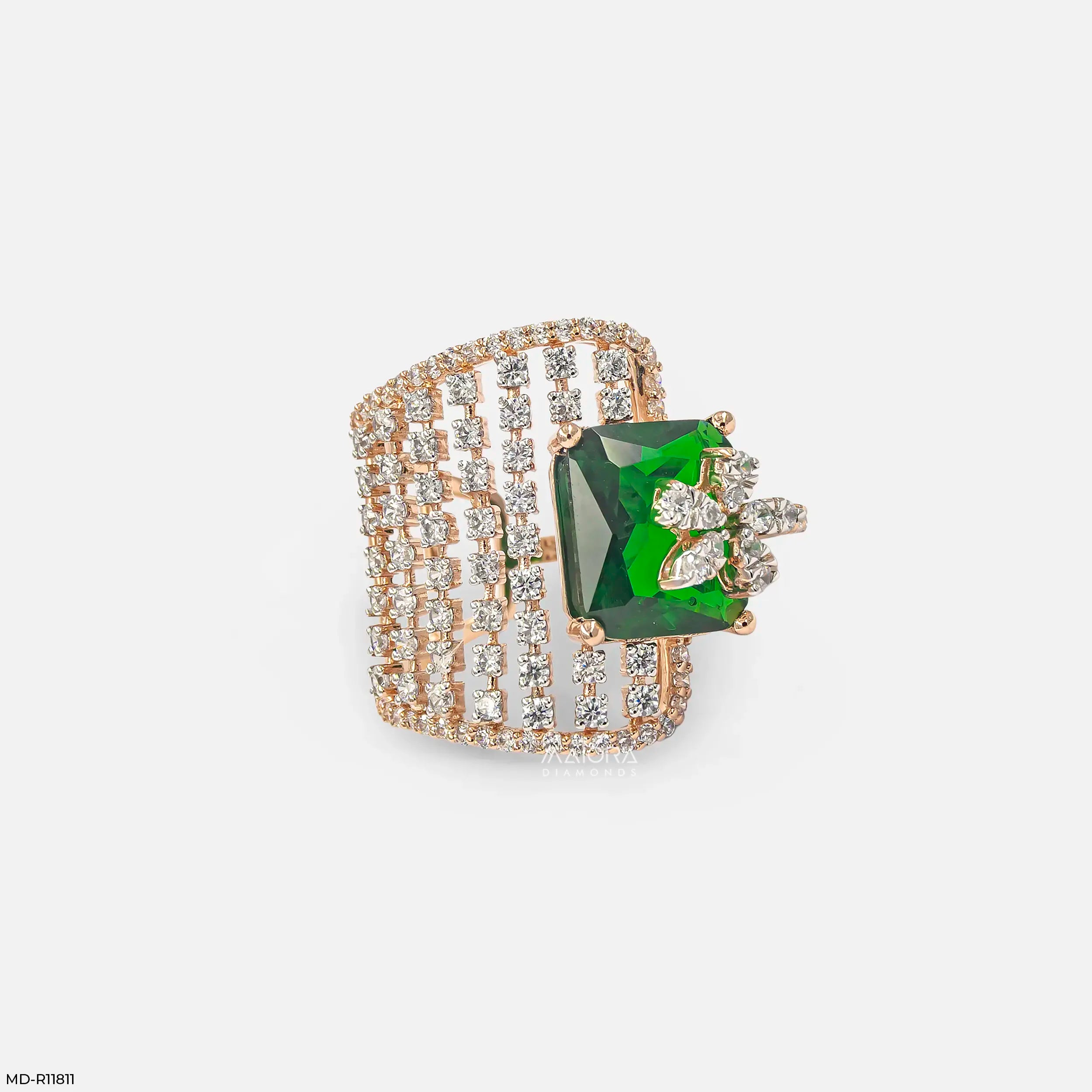 Overlay Emerald Liner Diamond Cocktail Ring 9K Yellow Gold