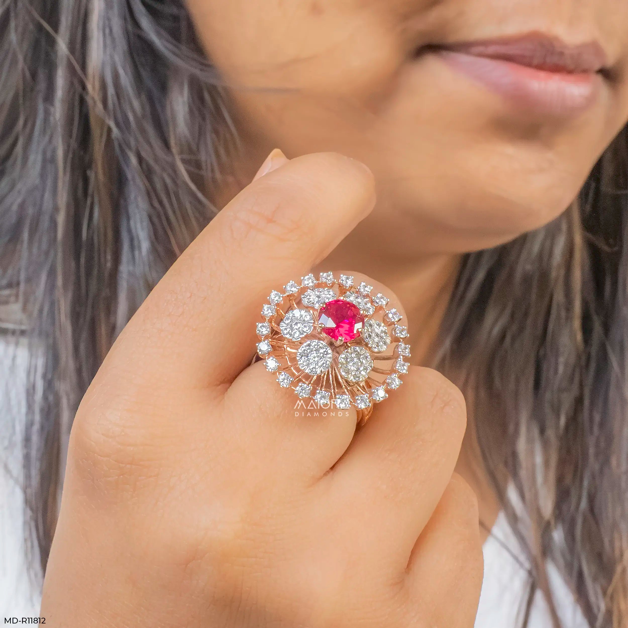 Clusters Ruby Floral Diamond Cocktail Ring 9K Yellow Gold