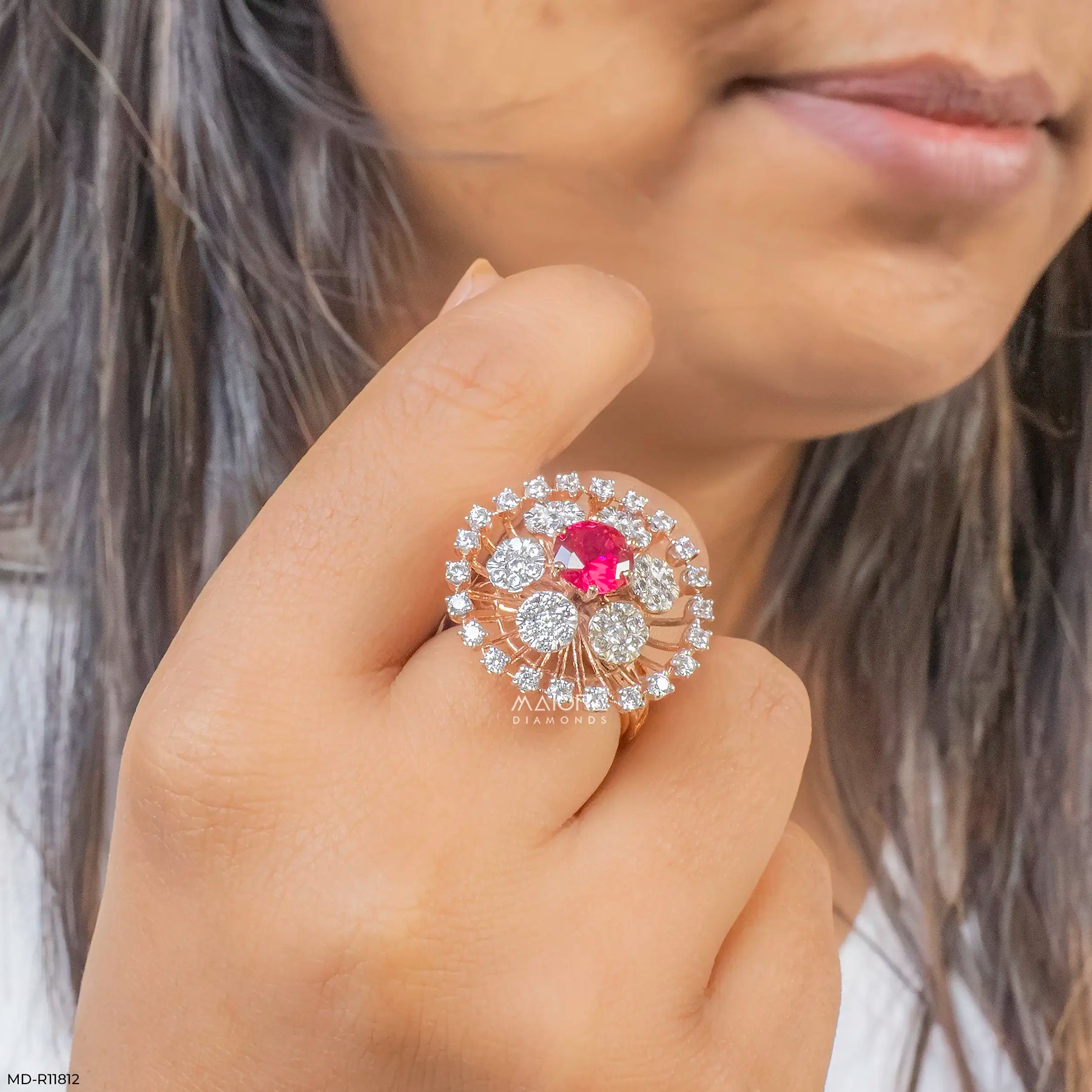 Clusters Ruby Floral Diamond Cocktail Ring Platinum 950
