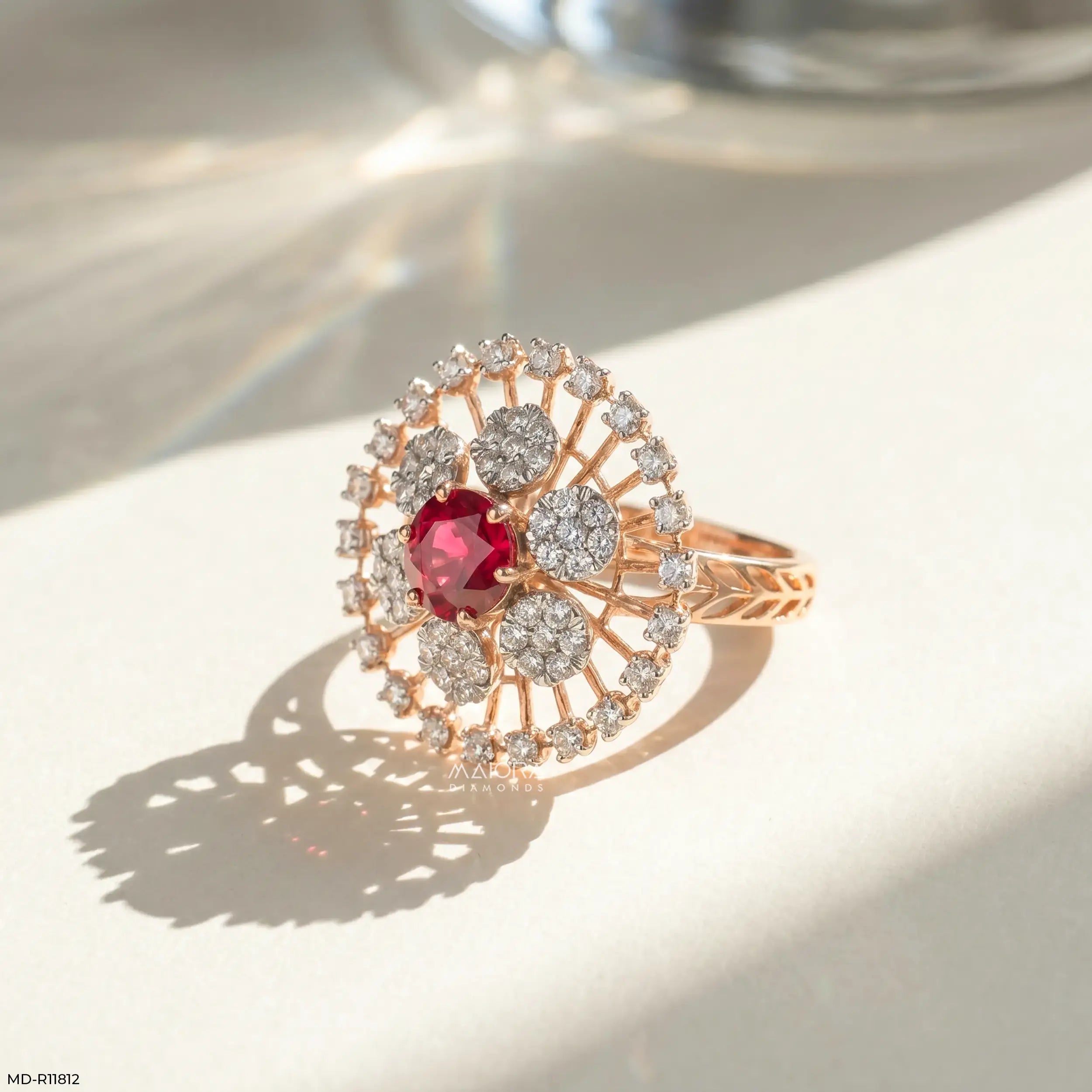 Clusters Ruby Floral Diamond Cocktail Ring 14K Rose Gold