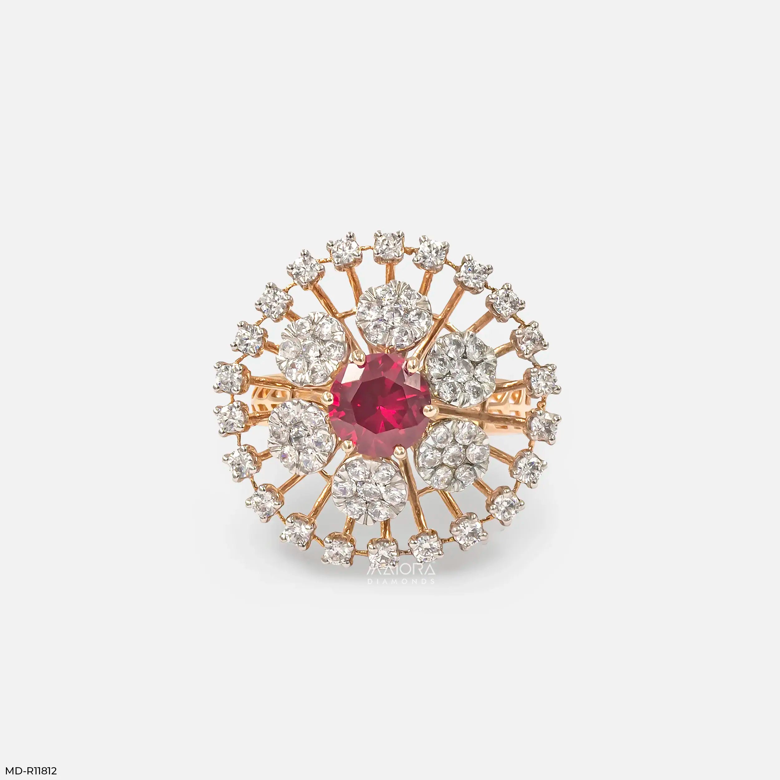 Clusters Ruby Floral Diamond Cocktail Ring 9K Yellow Gold