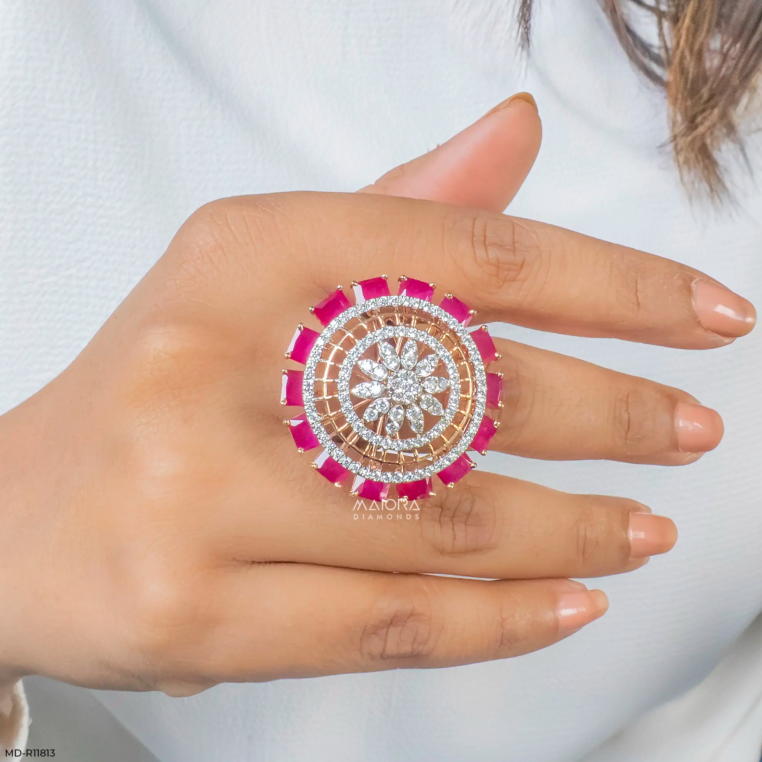 Halo Ruby Border Diamond Cocktail Ring 9K Yellow Gold