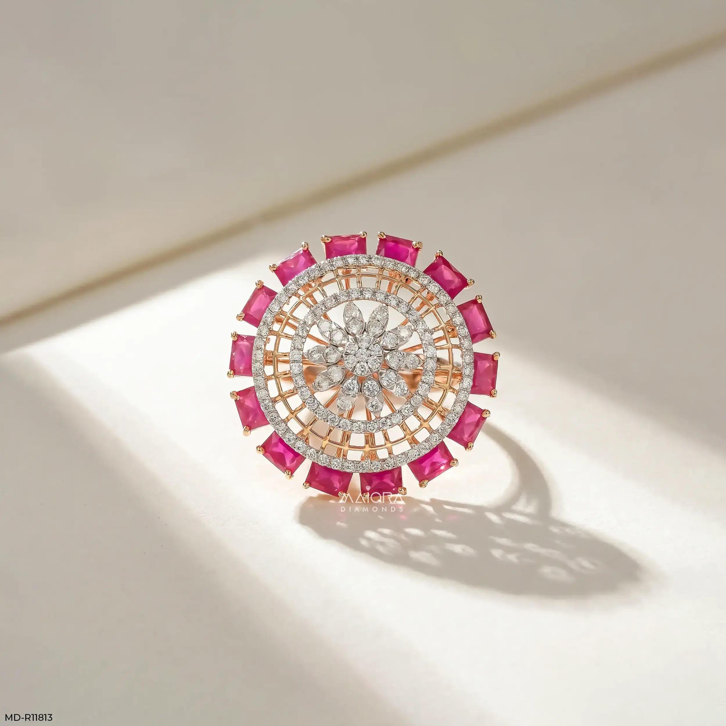Halo Ruby Border Diamond Cocktail Ring 18K White Gold