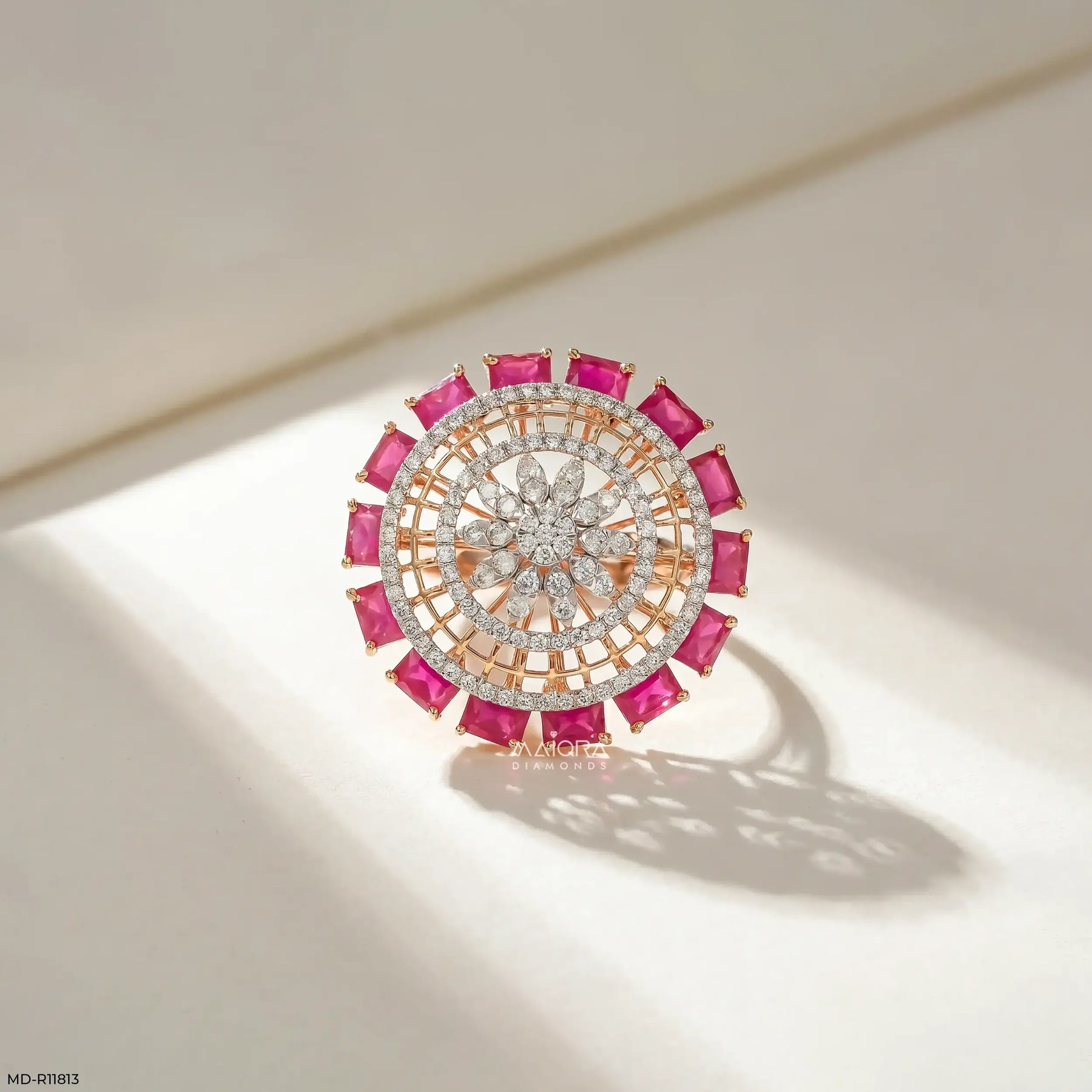 Halo Ruby Border Diamond Cocktail Ring Platinum 950